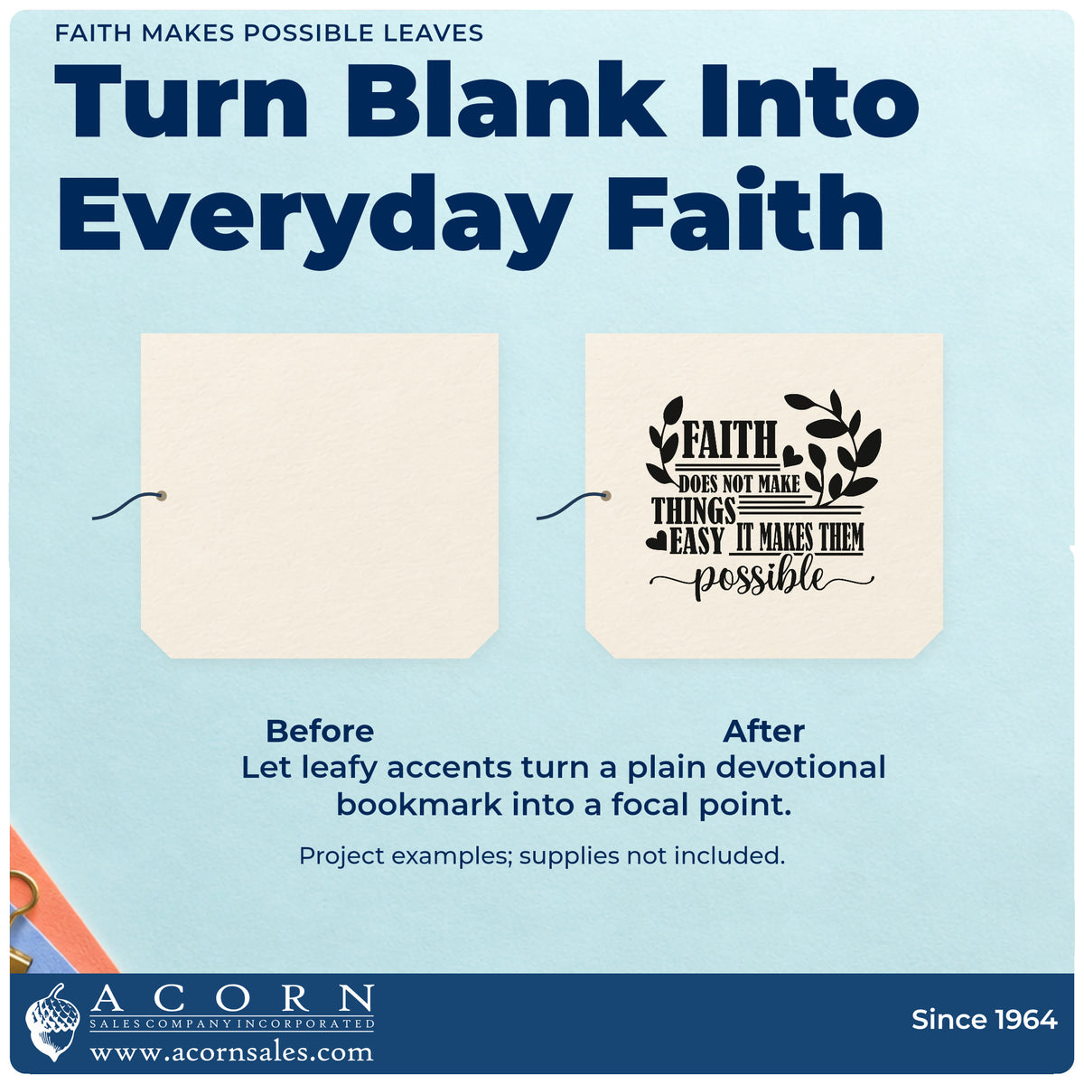 Before and after of a plain item finished with the Faith Makes Possible Leaves Stamp – Wood Handle, a quick upgrade for garden seed favors.
