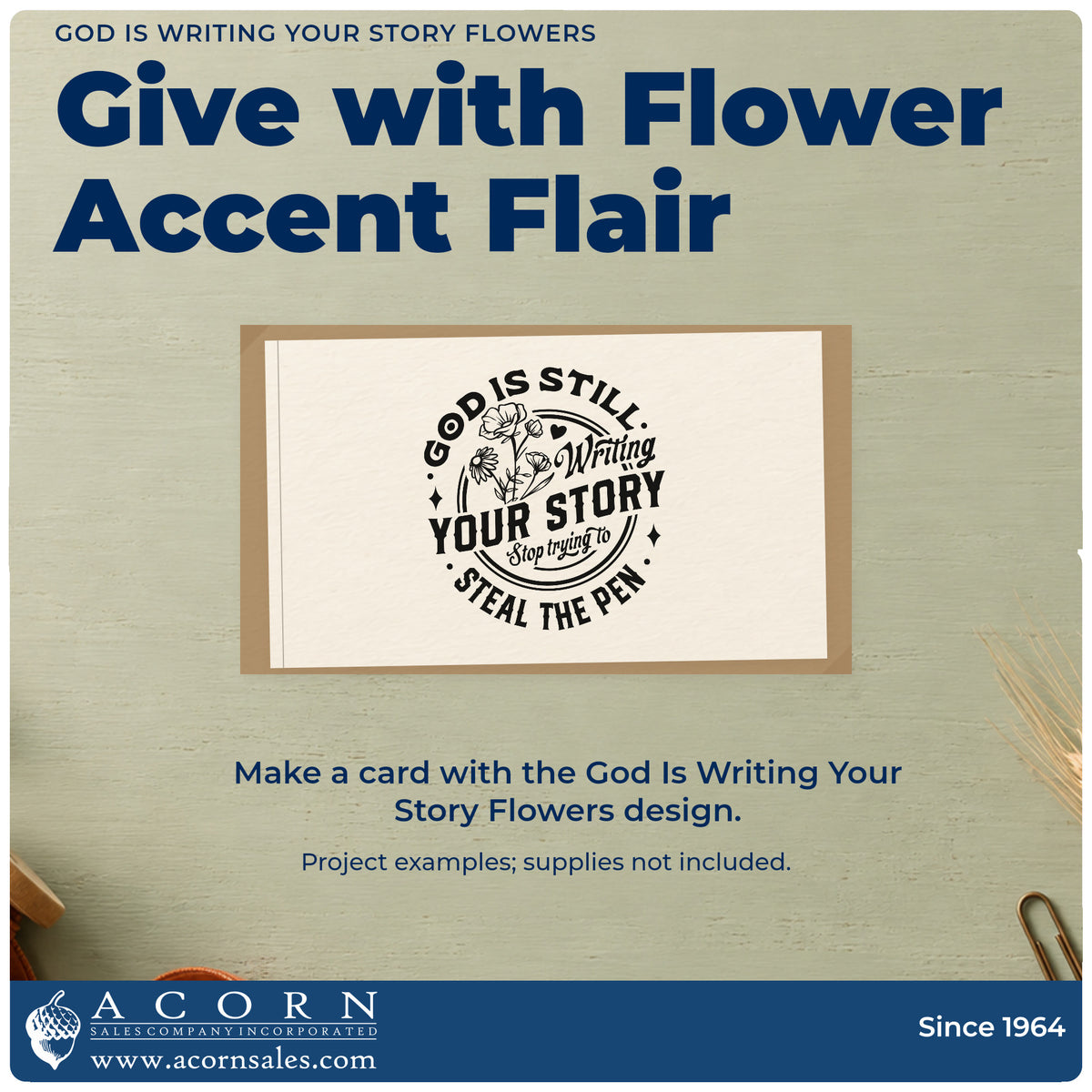 A finished handmade project stamped with the PSI Pre-Inked God Is Writing Your Story Flowers Circular Layout Stamp, ideal for author gift tags.