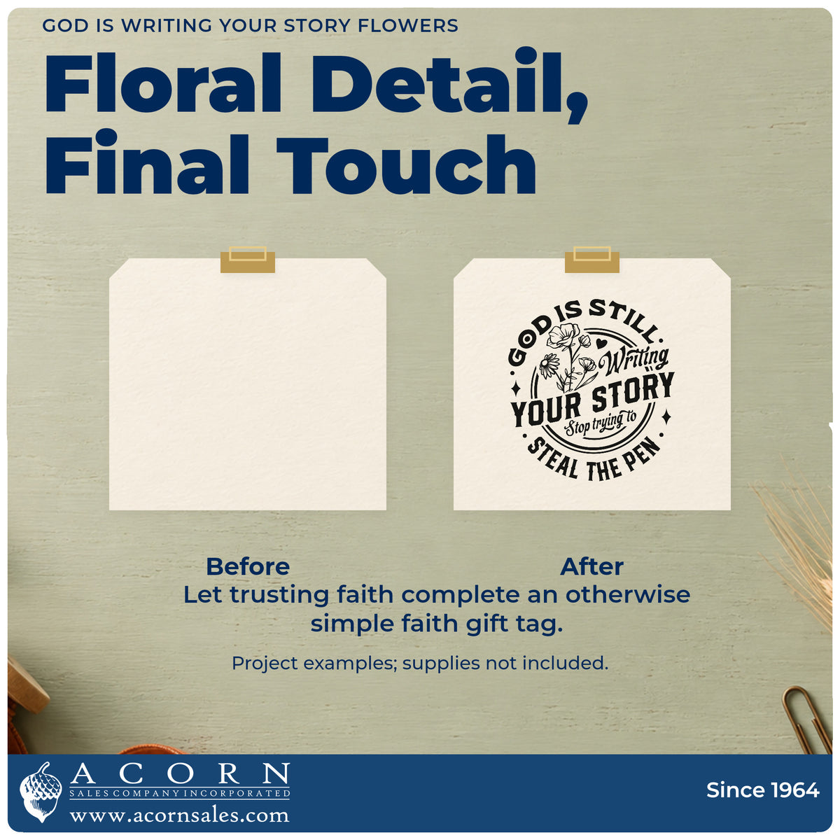 Before and after of a plain item finished with the God Is Writing Your Story Flowers Circular Layout Stamp – Self-Inking, a quick upgrade for writing retreat favors.