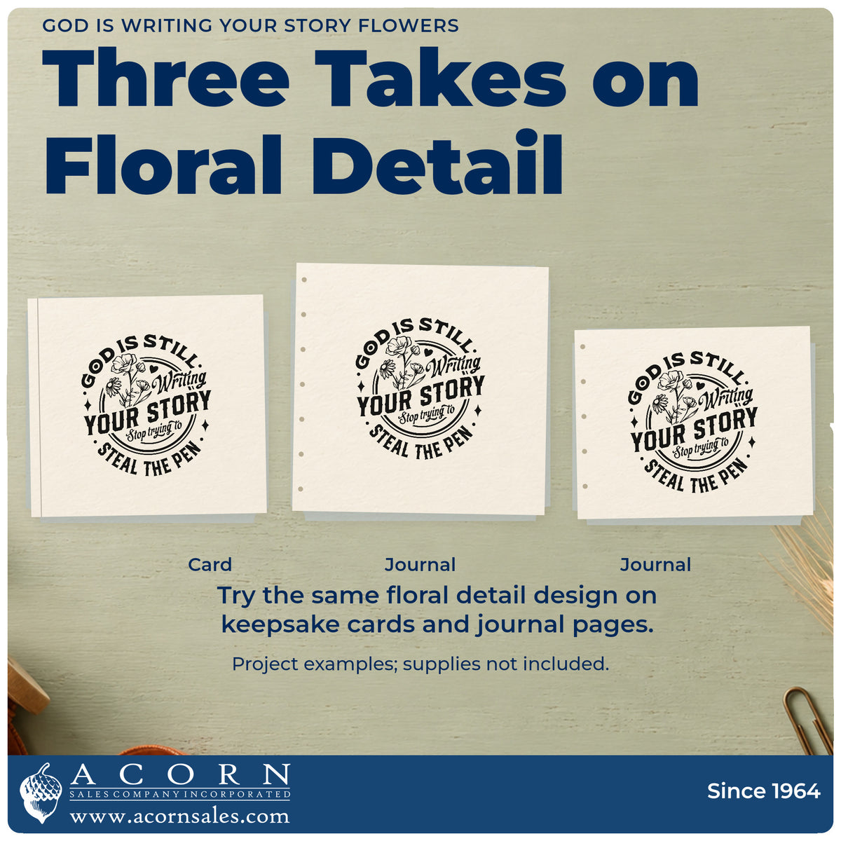 Three project examples made with the God Is Writing Your Story Flowers Circular Layout Stamp – Self-Inking, including chapter pages.