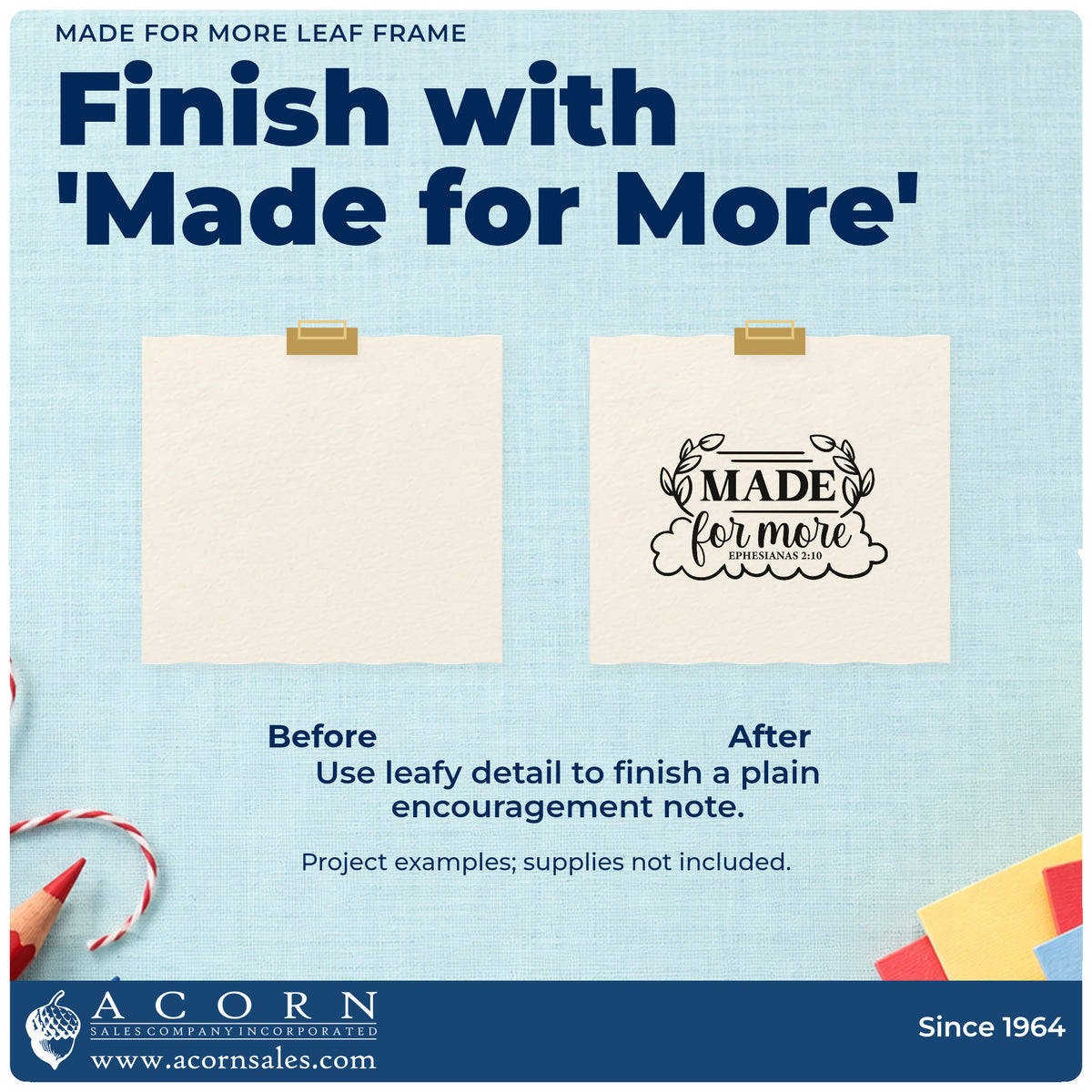 Before and after of a plain item finished with the Made For More Leaf Frame Pre-Inked Stamp – PSI, a quick upgrade for youth retreat tees.