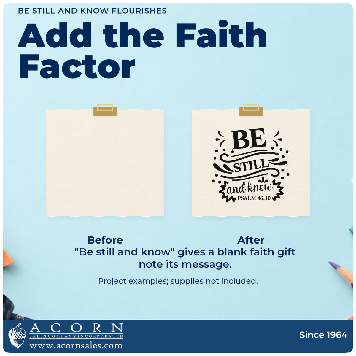 Before and after of a plain item finished with the Be Still And Know Ribbon Lettering Self-Inking Stamp, a quick upgrade for burnout notes.
