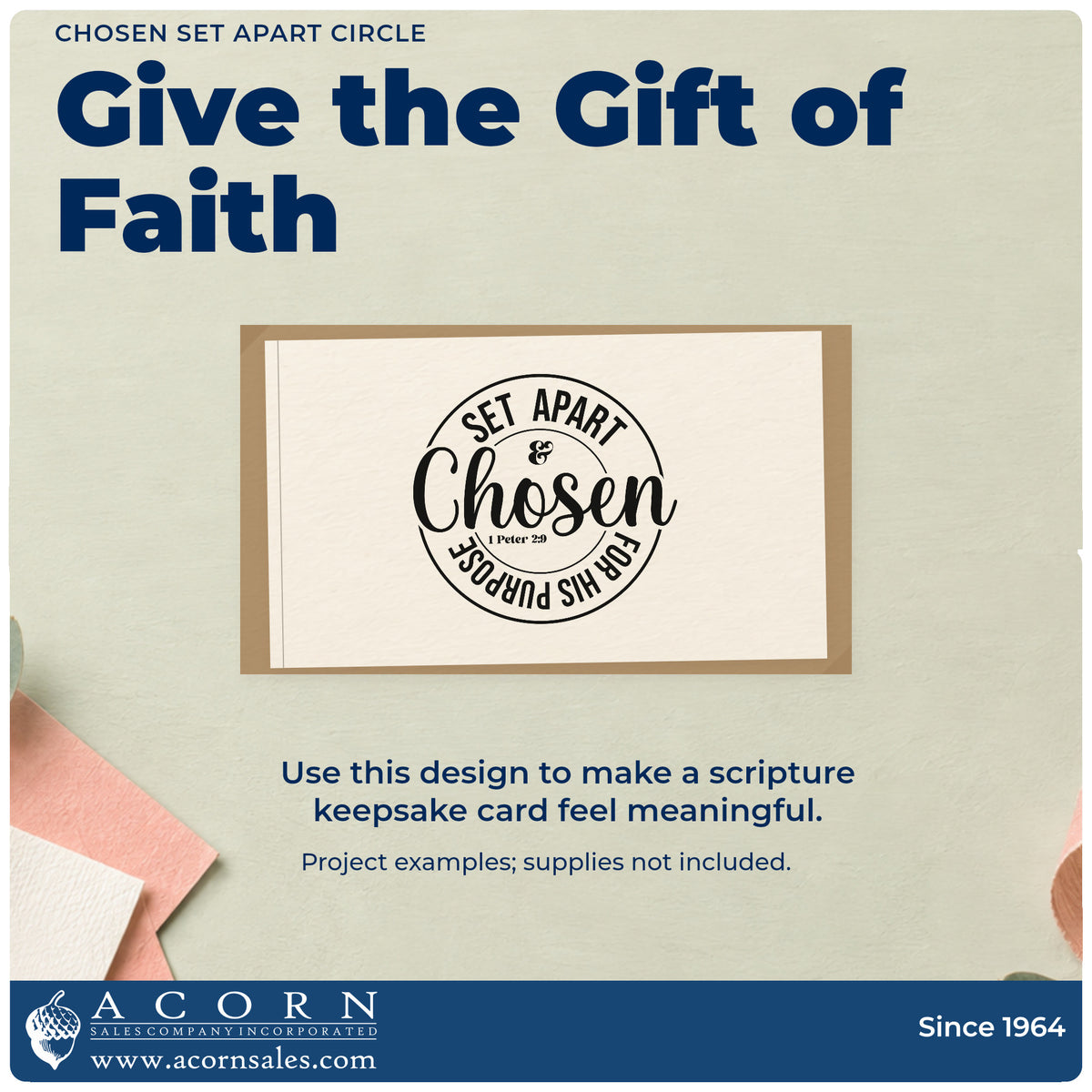 A finished handmade project stamped with the Wood Handle Chosen Set Apart Circle Rubber Stamp, ideal for ordination gifts.