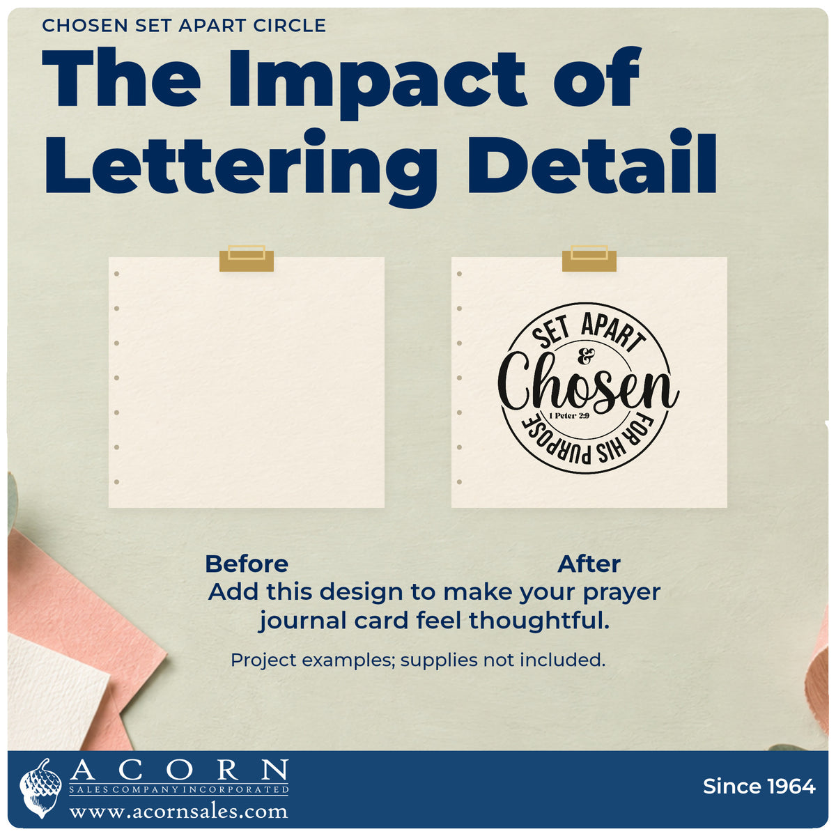 Before and after of a plain item finished with the Wood Handle Chosen Set Apart Circle Rubber Stamp, a quick upgrade for canvas totes.