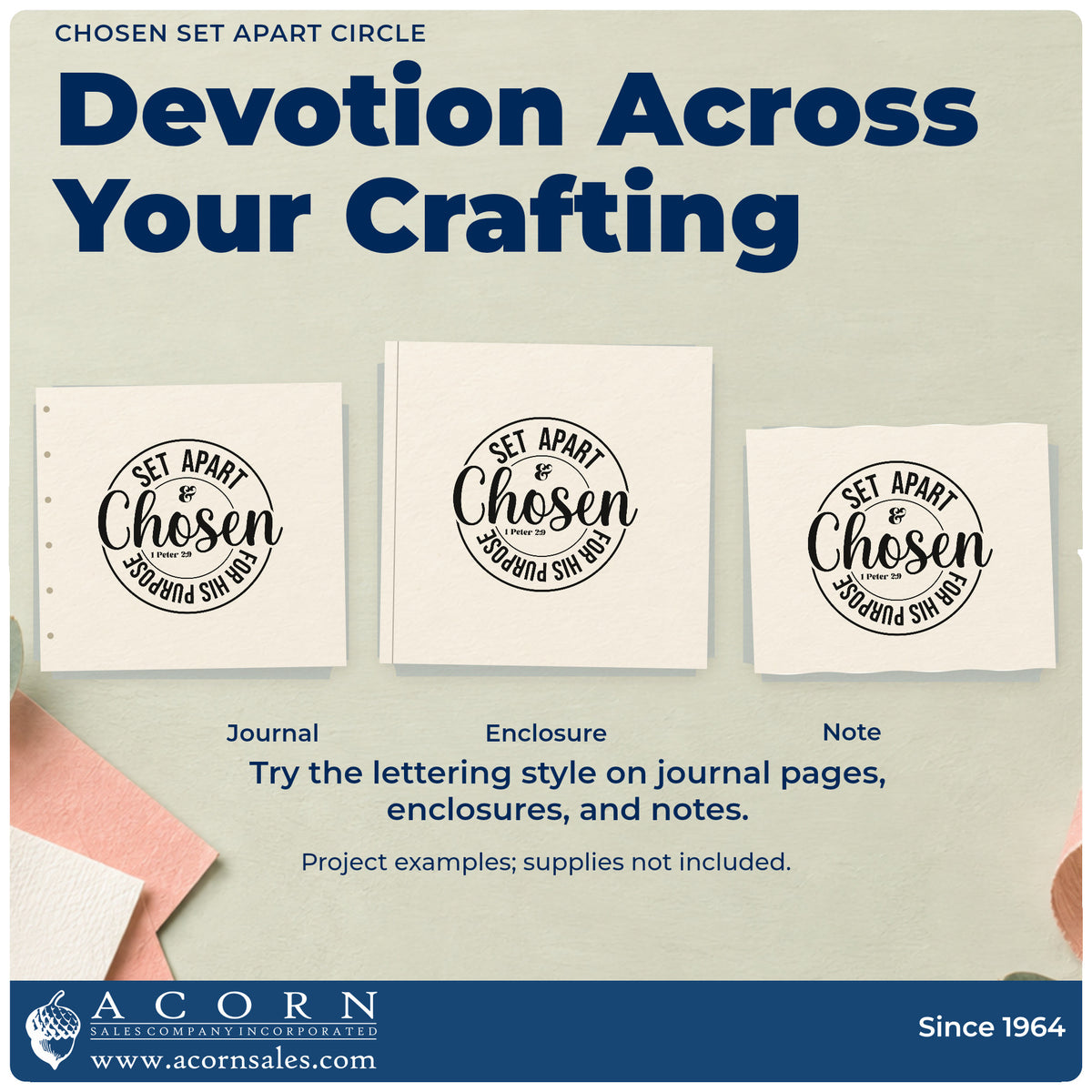 Three project examples made with the Premium Wooden Chosen Set Apart Circle Stamp - Vintage Pro, including calling pages.