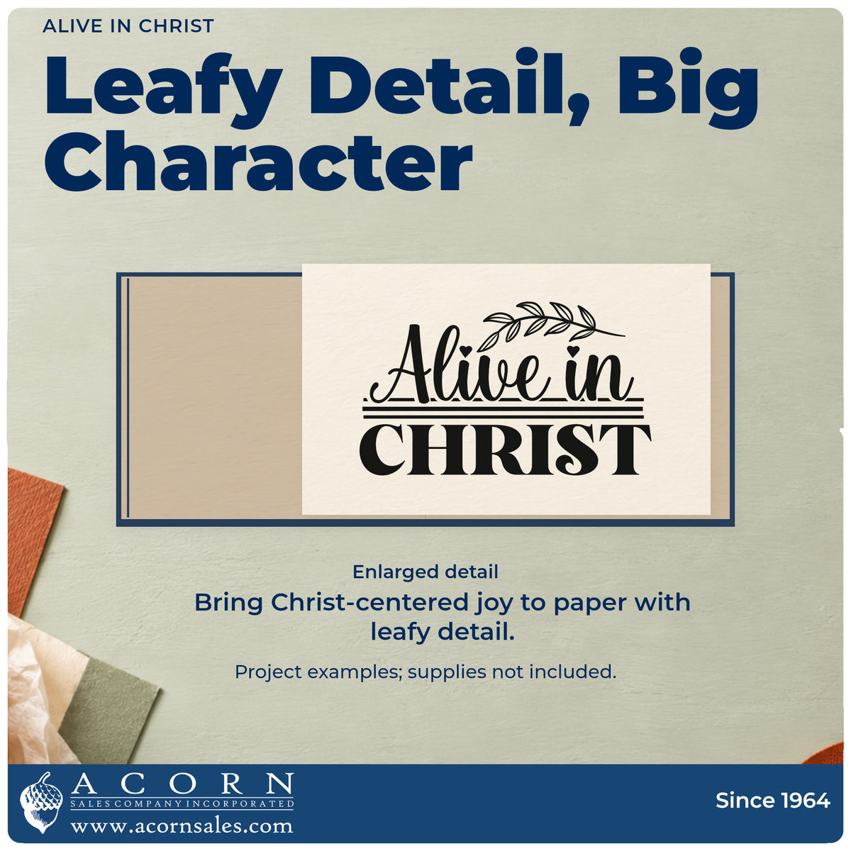 Enlarged detail of the Alive In Christ Leaf Accents Hand Stamp – Duo imprint. A leafy branch and horizontal rules accent "Alive in Christ" in script and bold serif lettering.