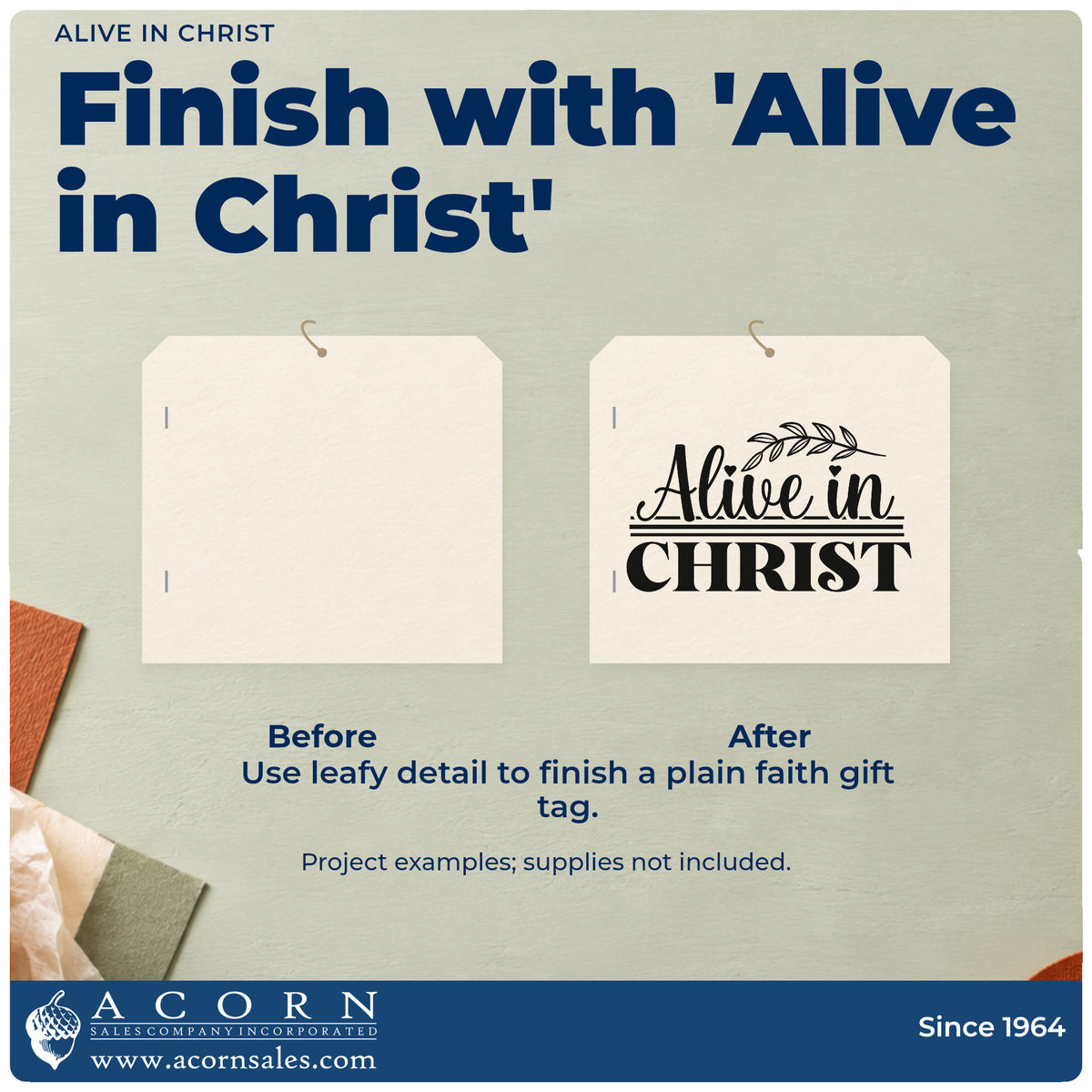 Before and after of a plain item finished with the Alive In Christ Leaf Accents Hand Stamp – Duo, a quick upgrade for recovery milestones.
