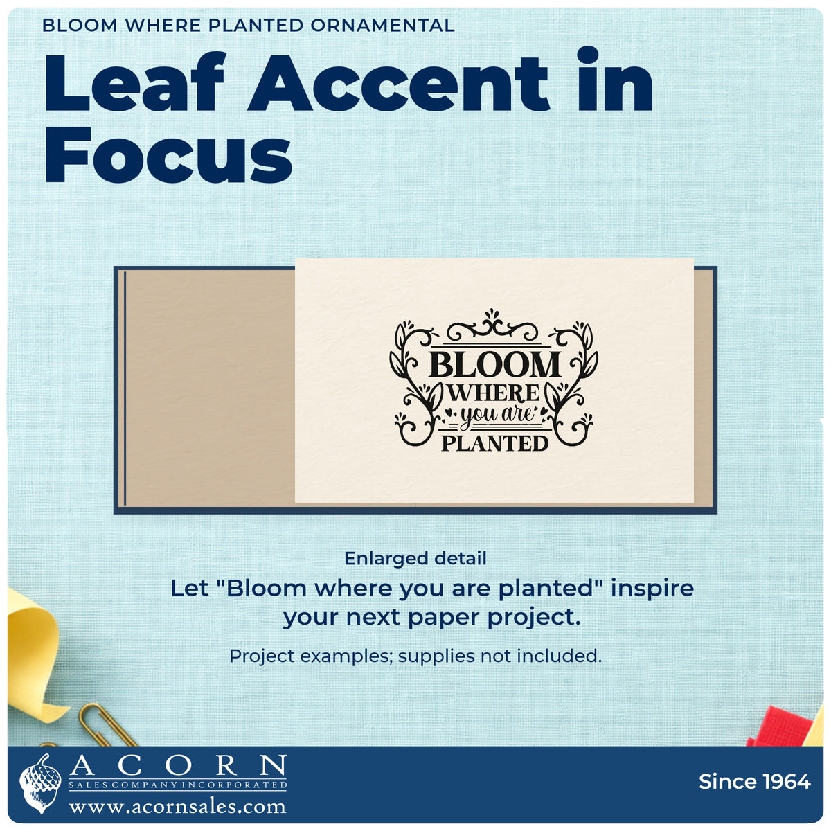 Enlarged detail of the Bloom Where Planted Ornamental Rubber Stamp – Duo Hand imprint. An ornate leafy frame surrounds "Bloom where you are planted" in mixed lettering.
