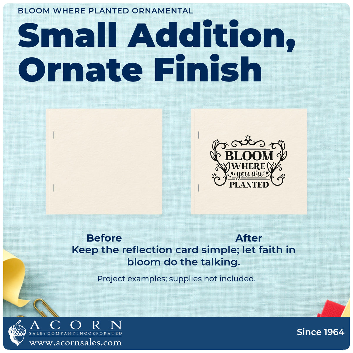 Before and after of a plain item finished with the Bloom Where Planted Ornamental Self-Inking Stamp, a quick upgrade for seed packet gifts.