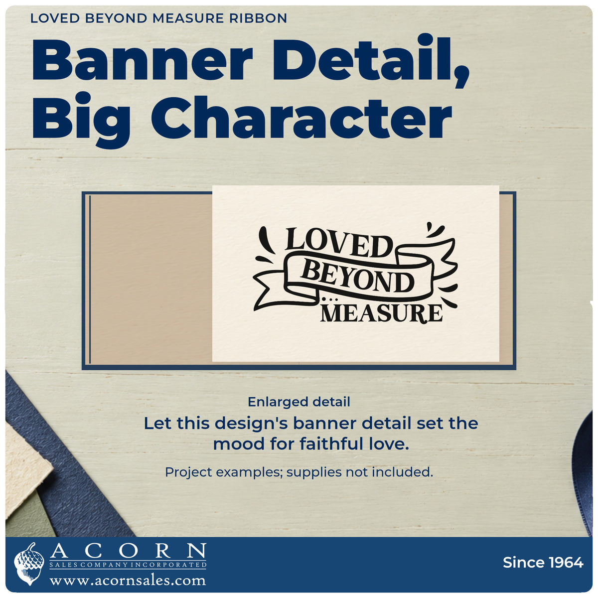 Enlarged detail of the Loved Beyond Measure Ribbon Pre-Inked Stamp – Slim imprint. A ribbon carrying "Beyond" sits between "Loved" and "Measure," with small decorative marks.