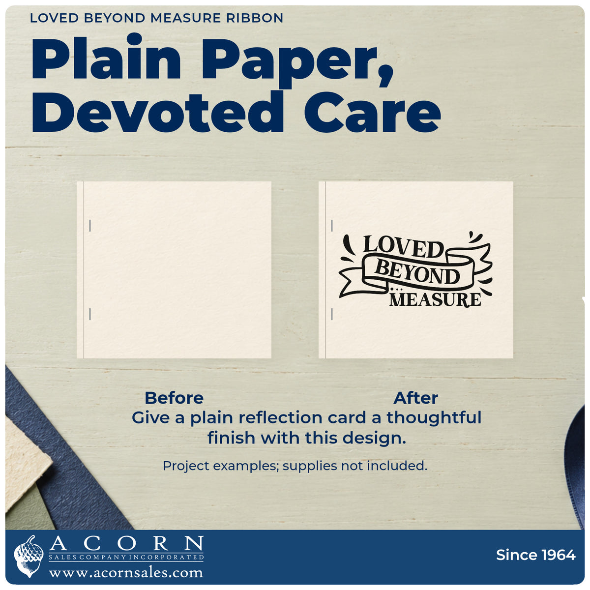 Before and after of a plain item finished with the Loved Beyond Measure Ribbon Hand Stamp – Duo, a quick upgrade for valentine cards.