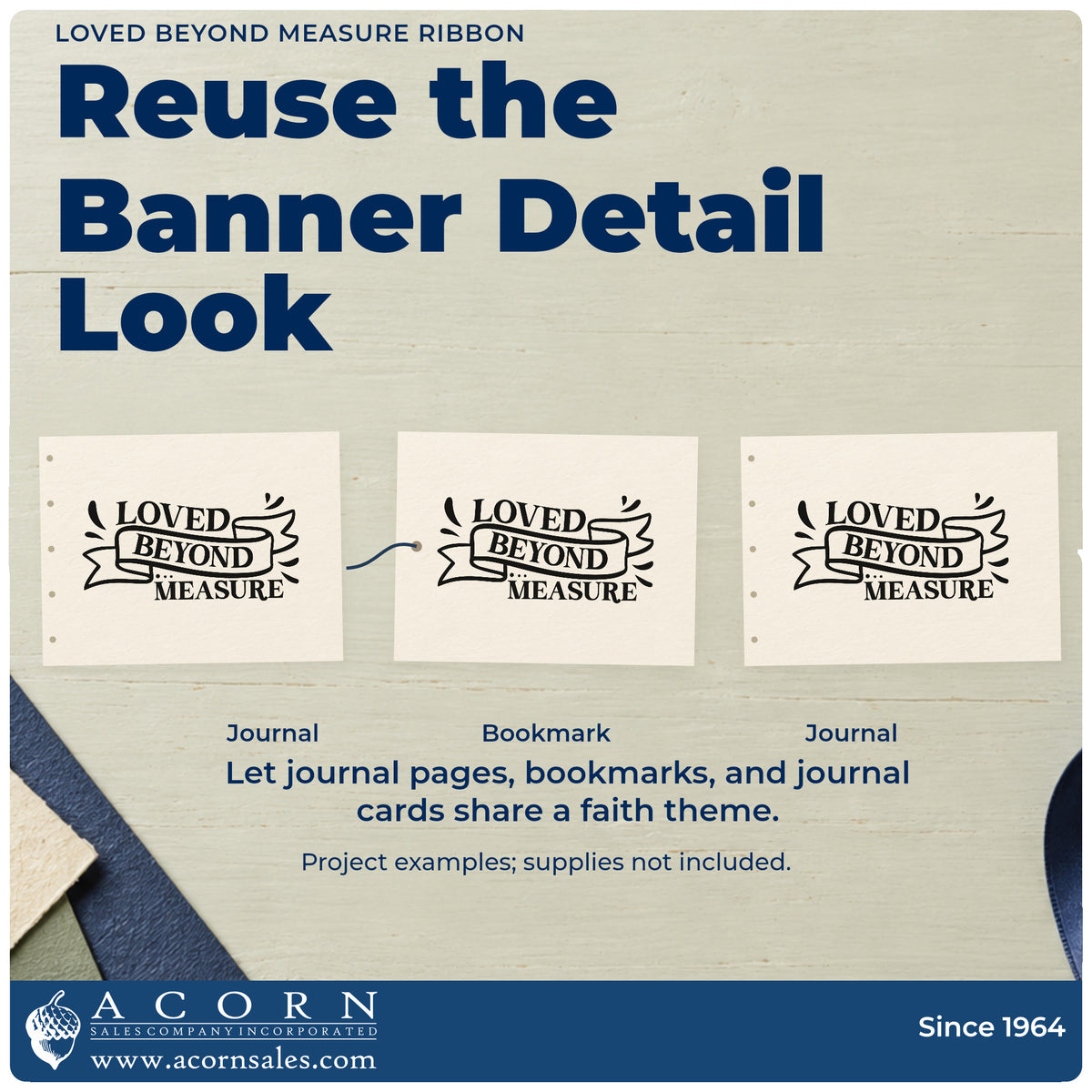 Three project examples made with the Loved Beyond Measure Ribbon Pre-Inked Stamp – Slim, including baby book pages.
