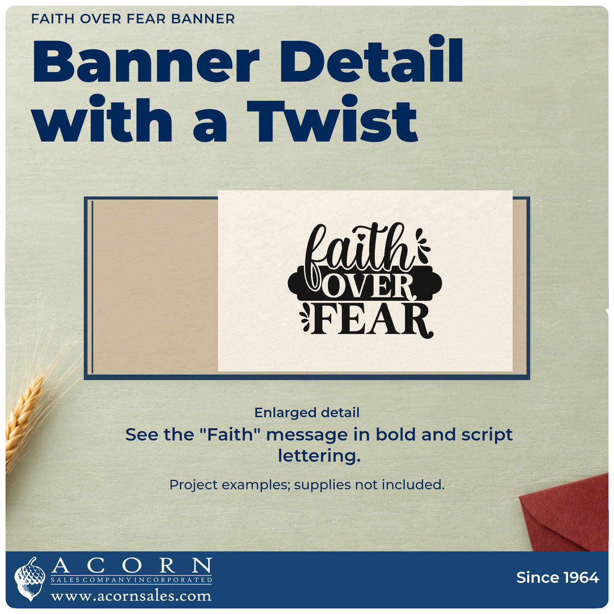 Enlarged detail of the Faith Over Fear Banner Premium Wooden Stamp - Vintage Pro imprint. A dark rounded banner emphasizes "Over" between "Faith" script and bold "Fear."