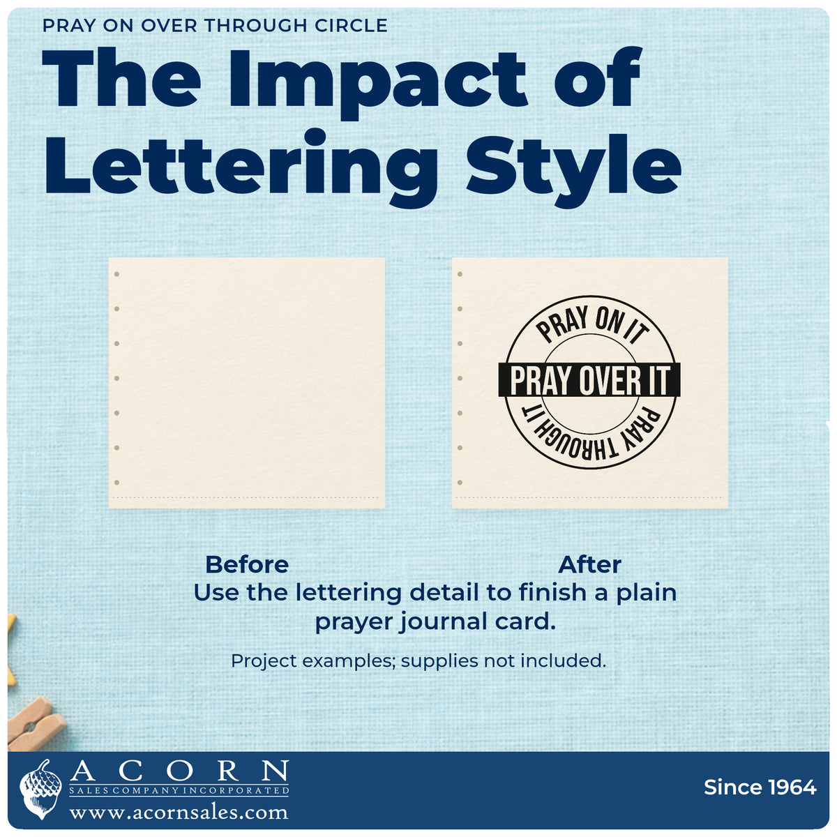 Before and after of a plain item finished with the Pray On It, Pray Over It, Pray Through It Circular Layout Rubber Stamp – Wood Handle, a quick upgrade for tee transfers.