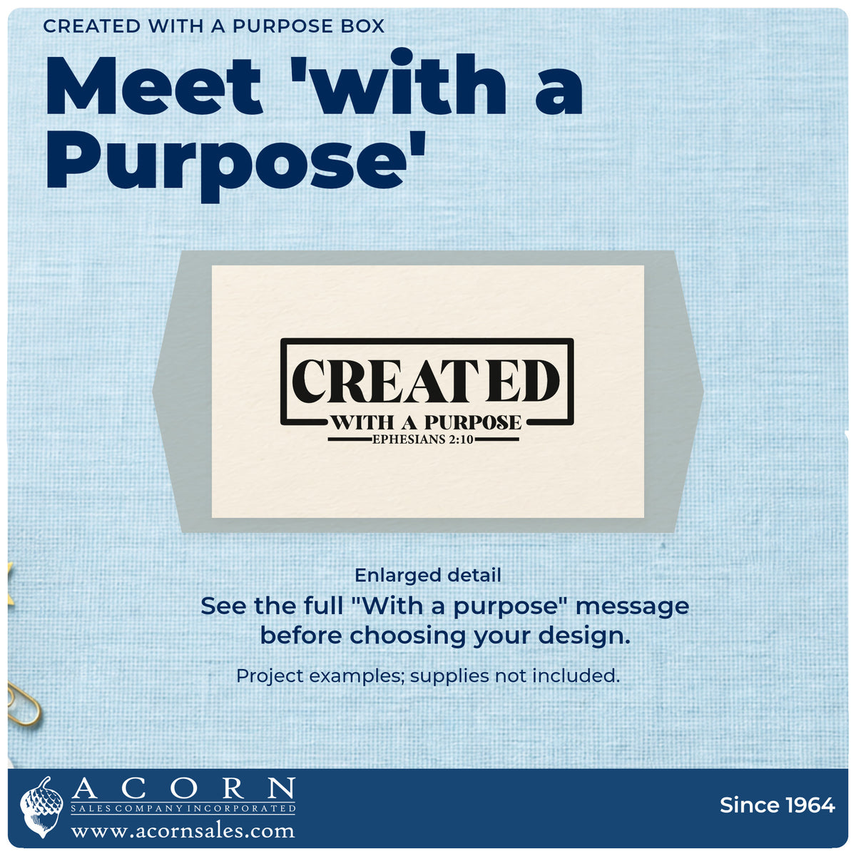 Enlarged detail of the Created With A Purpose Box Outline Detail PSI Pre-Inked Stamp imprint. A rectangular outline frames bold "Created" above "With a purpose" and Ephesians 2:10.