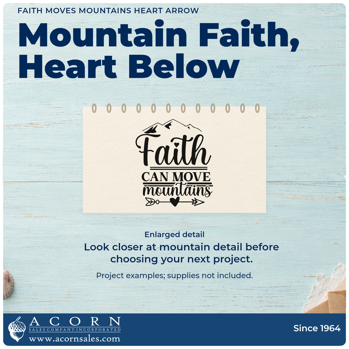 Enlarged detail of the Mountain-Moving Faith Heart Arrow Self-Inking Stamp imprint. Mountain peaks top "Faith can move mountains," with a heart-centered arrow underneath.