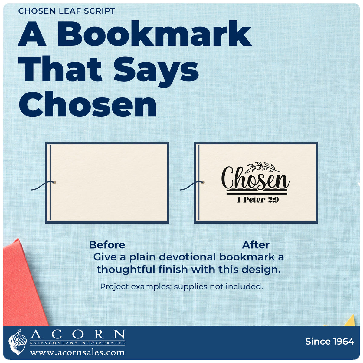 Before and after of a plain item finished with the Chosen Leaf Script Lettering PSI Pre-Inked Stamp, a quick upgrade for team pick notes.