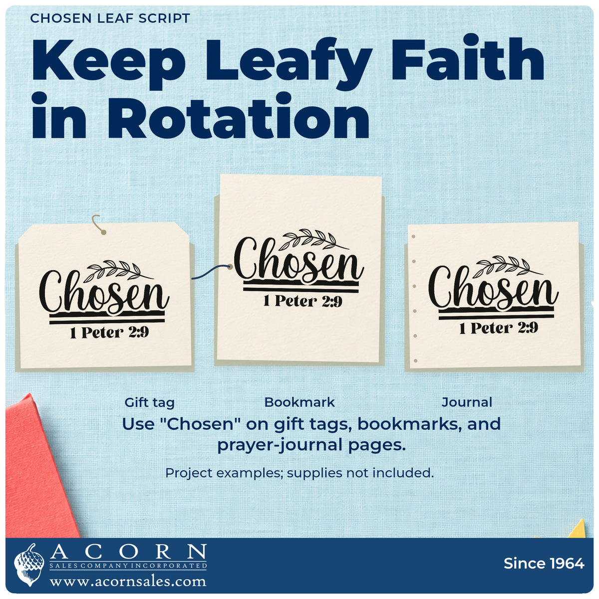 Three project examples made with the Chosen Leaf Script Lettering Hand Stamp – Duo, including gotcha day pages.