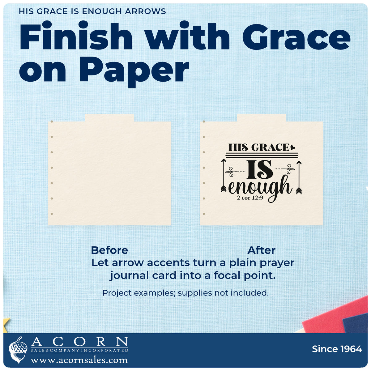 Before and after of a plain item finished with the His Grace Is Enough Arrows Self-Inking Craft Stamp, a quick upgrade for recovery milestones.