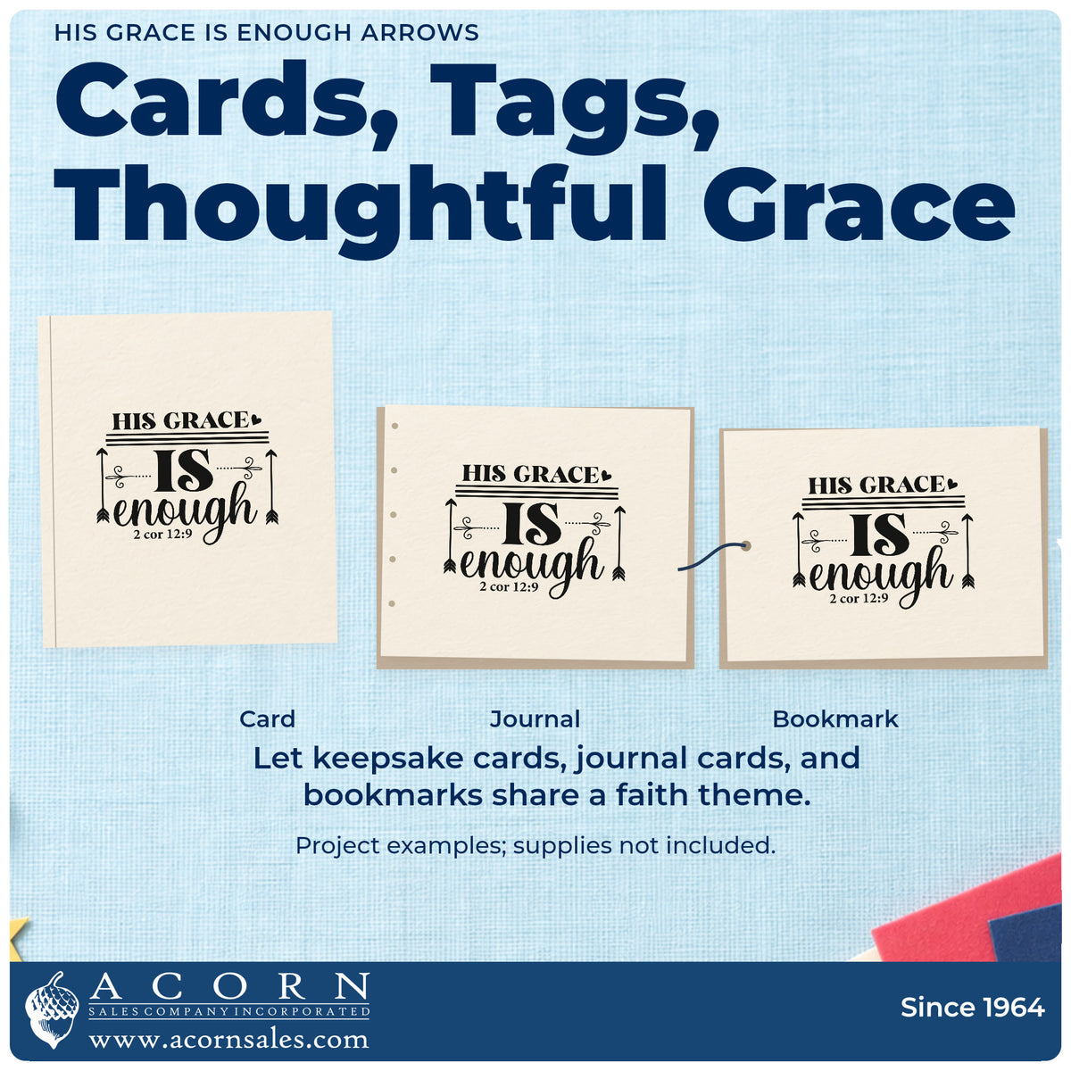 Three project examples made with the His Grace Is Enough Arrows Rubber Stamp – Duo Hand, including weak season pages.