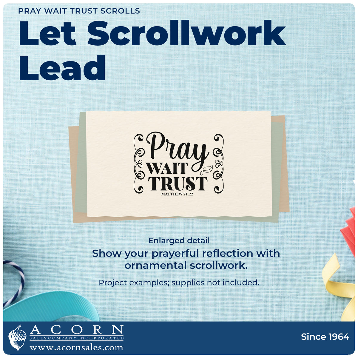Enlarged detail of the Pray Wait Trust Scrolls Frame Accent Hand Stamp – Duo imprint. Tall side scrolls frame "Pray wait trust," with Matthew 21:22 below.