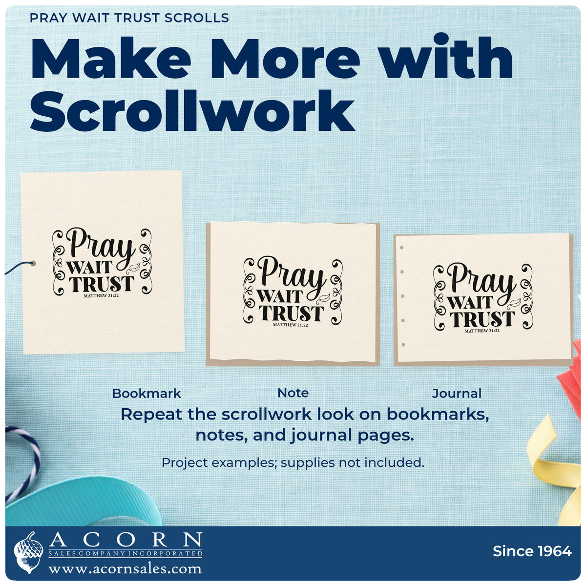 Three project examples made with the Pray Wait Trust Scrolls Frame Accent Stamp - Premium Vintage Pro Wooden, including answered pages.