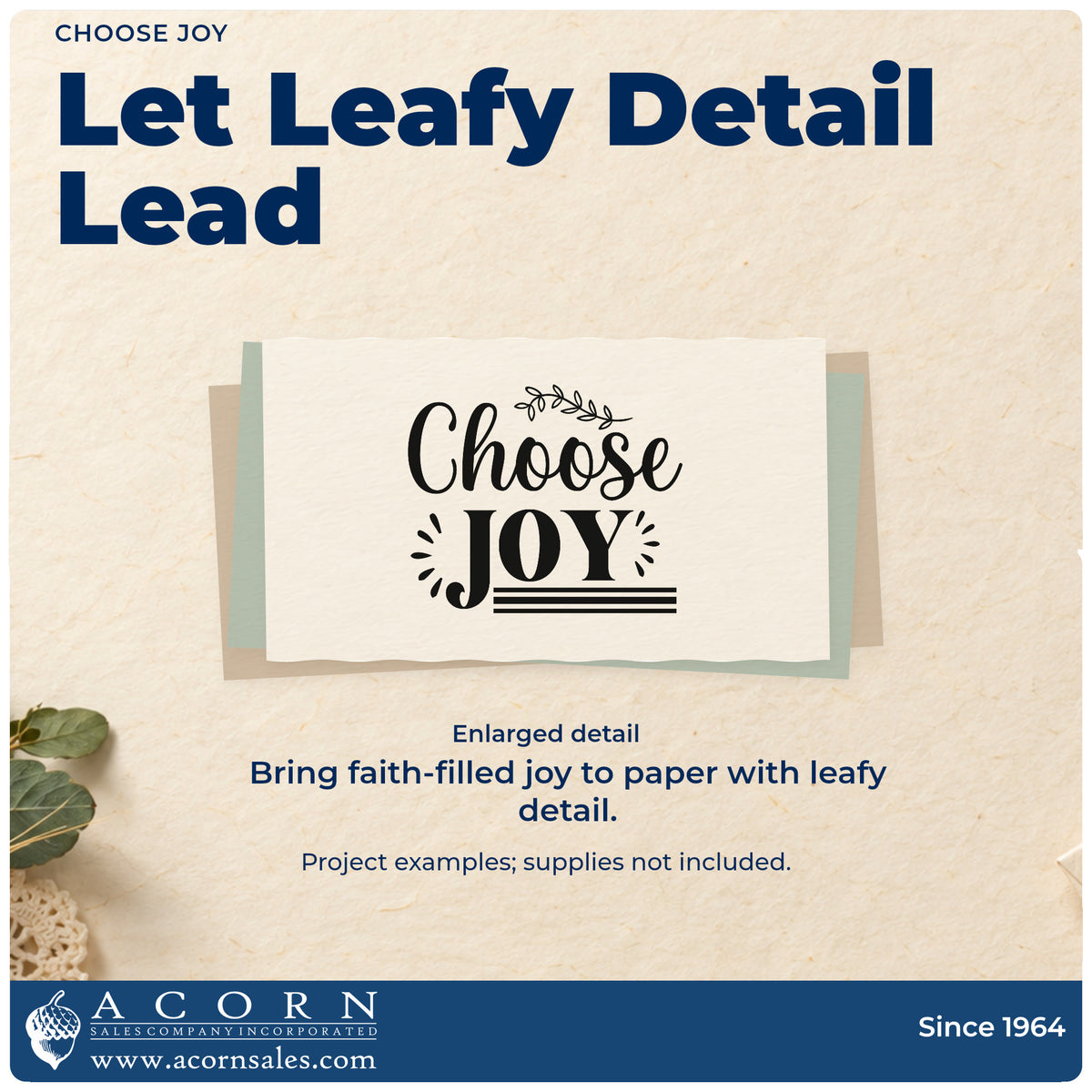 Enlarged detail of the Self-Inking Choose Joy Stamp imprint. A leafy sprig tops "Choose joy," with radiating accents beside bold "Joy."