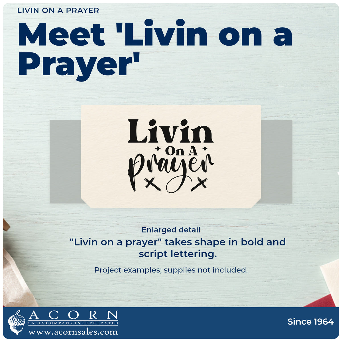 Enlarged detail of the Livin On A Prayer With Cross Slim Pre-Inked Stamp imprint. Bold and script lettering reads "Livin on a prayer," accented by two crosses and sparkles.