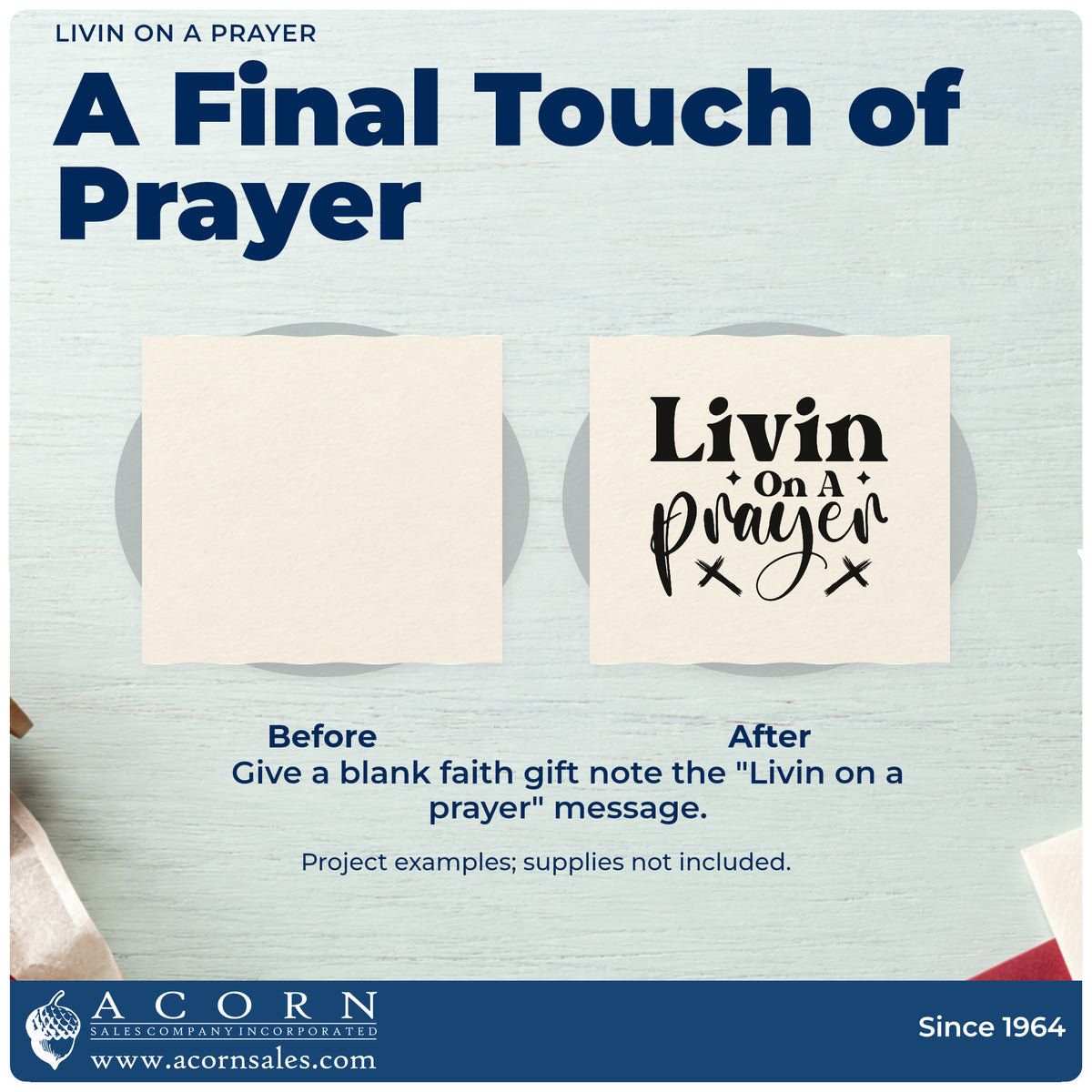 Before and after of a plain item finished with the Livin On A Prayer With Cross Duo Hand Stamp, a quick upgrade for karaoke night invites.