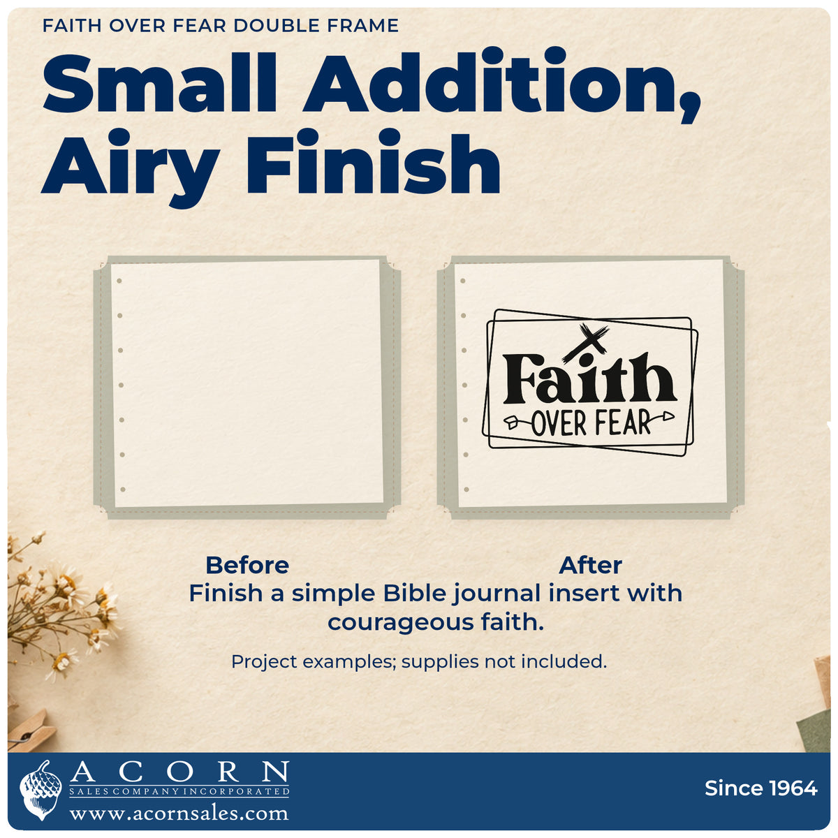 Before and after of a plain item finished with the Faith Over Fear Double Framed Lettering Stamp – Self-Inking, a quick upgrade for missionary gifts.