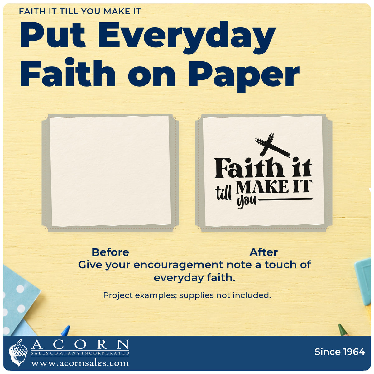 Before and after of a plain item finished with the Faith It Till You Make It Slim Pre-Inked Stamp, a quick upgrade for nursing student gifts.