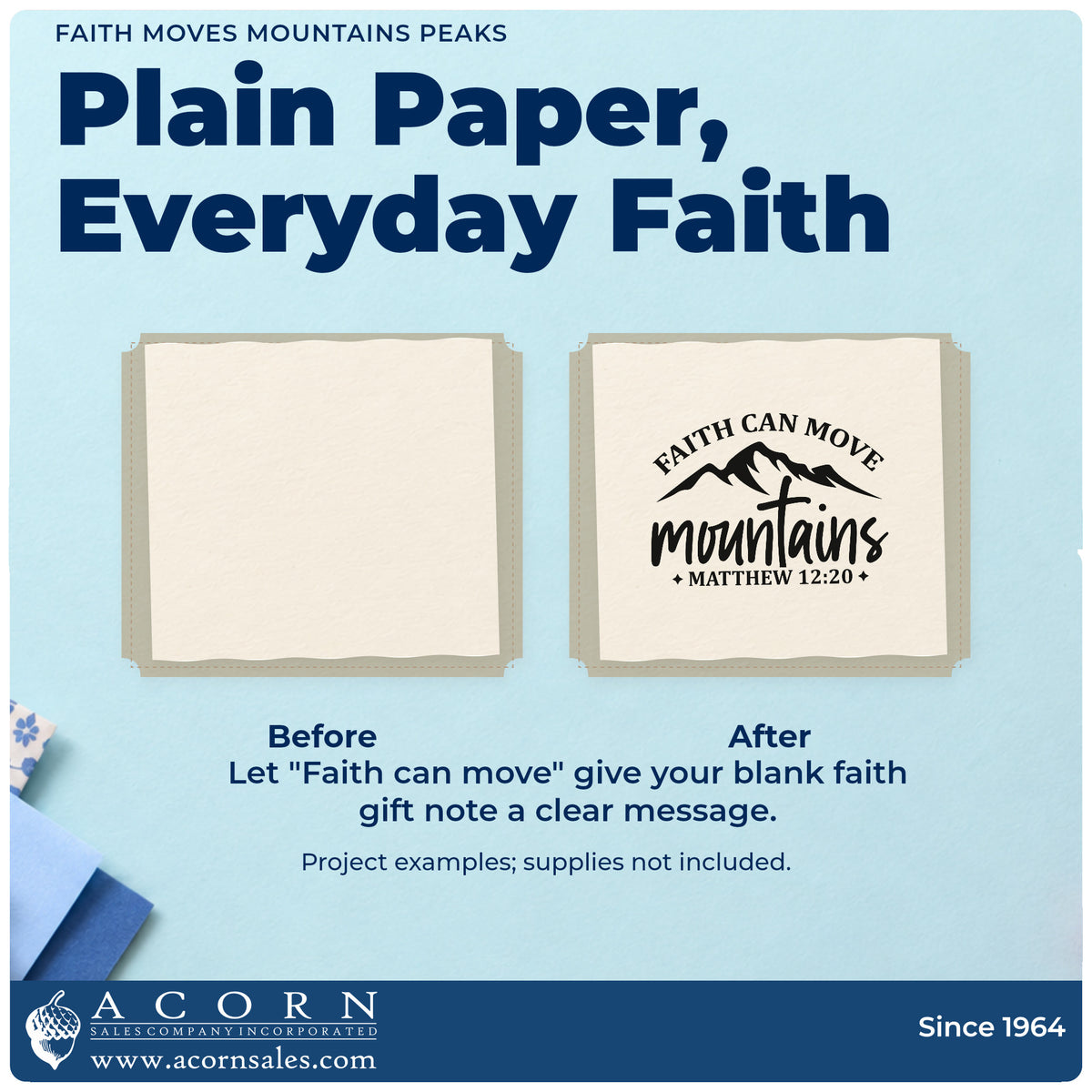 Before and after of a plain item finished with the Faith Moves Mountains Peaks Arch Hand Stamp – Duo, a quick upgrade for cabin guest books.