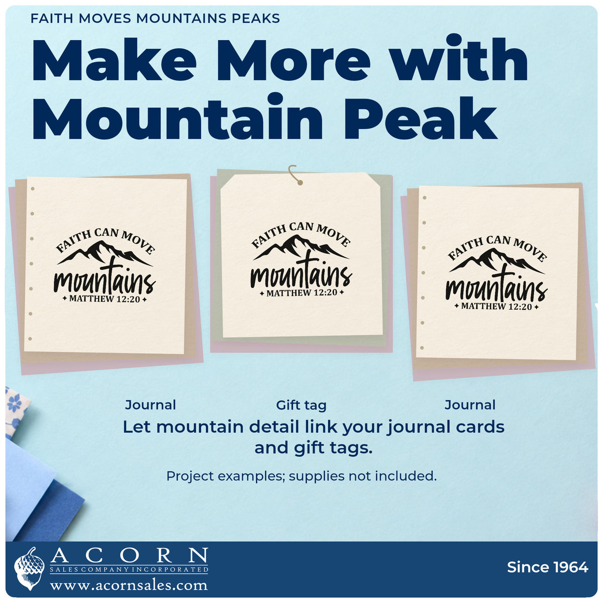Three project examples made with the Pre-Inked Faith Moves Mountains Peaks Arch Stamp – PSI, including hike pages.