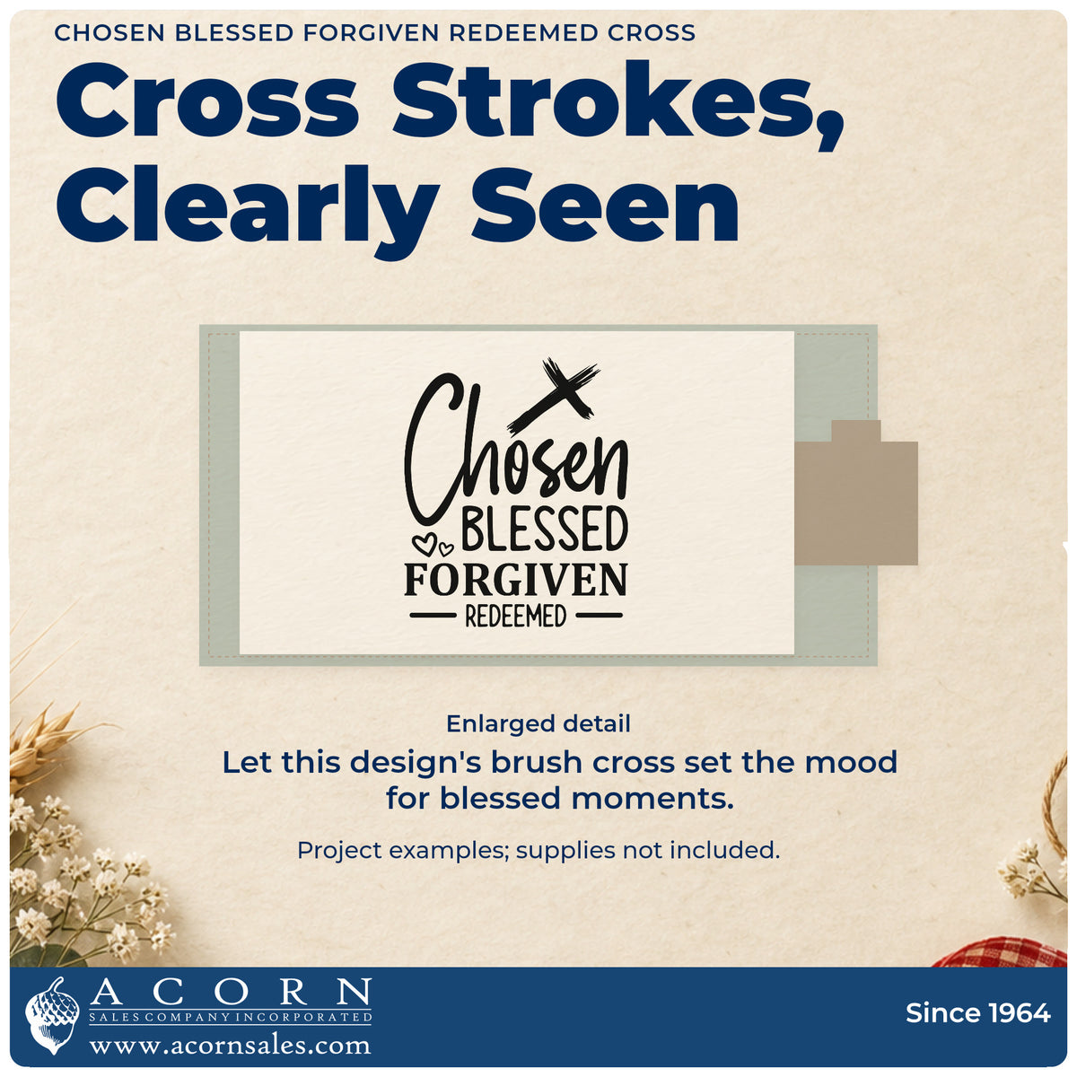 Enlarged detail of the Chosen Blessed Forgiven Redeemed Cross Compact Pre-Inked Stamp – Slim imprint. A tilted brushstroke cross and outlined hearts accent "Chosen, blessed, forgiven, redeemed."