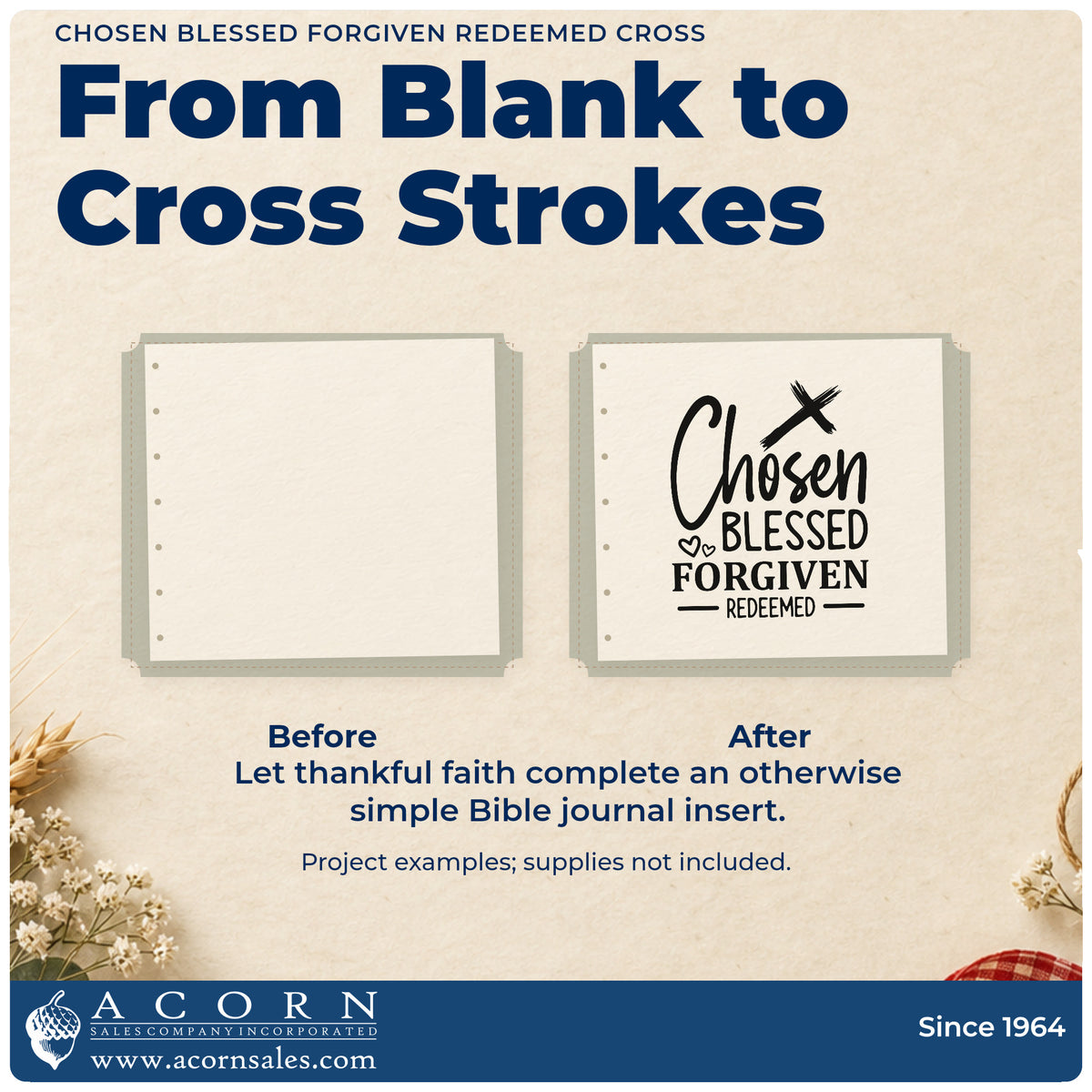 Before and after of a plain item finished with the Chosen Blessed Forgiven Redeemed Cross Stamp – Wood Handle, a quick upgrade for recovery milestones.