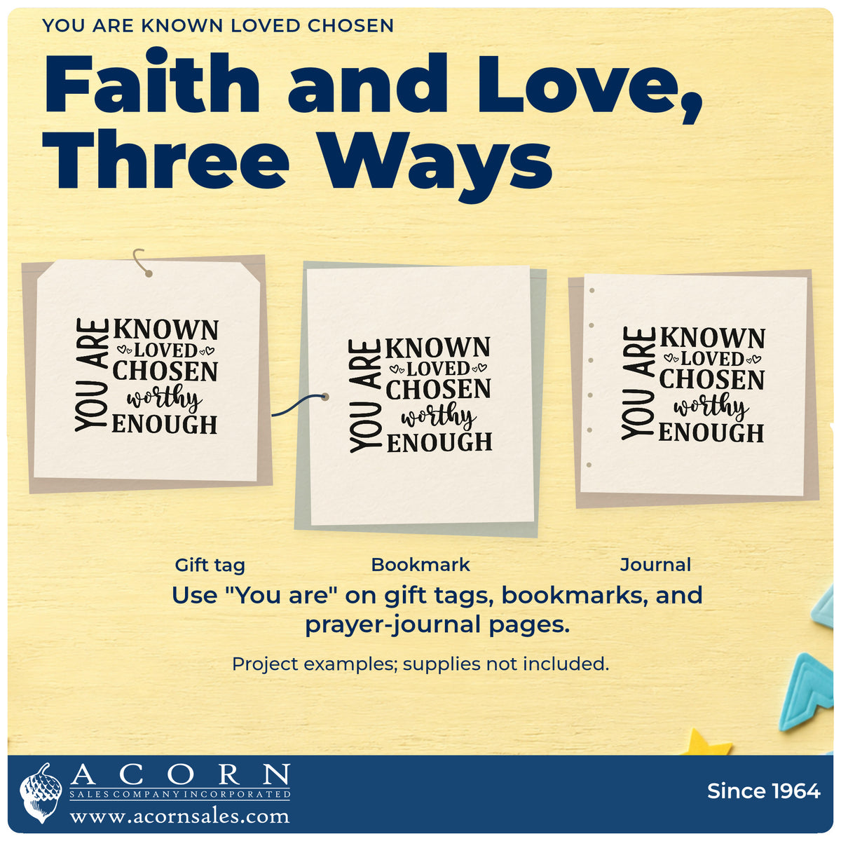 Three project examples made with the Known, Loved, Chosen, Worthy, Enough Stamp – Self-Inking, including school photo pages.