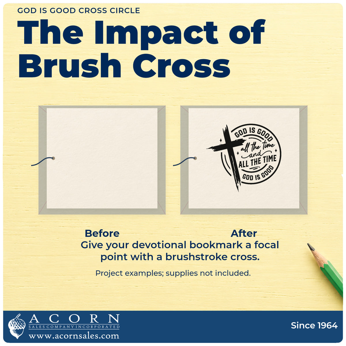 Before and after of a plain item finished with the God Is Good Cross Circle Slim Pre-Inked Stamp, a quick upgrade for tee transfers.