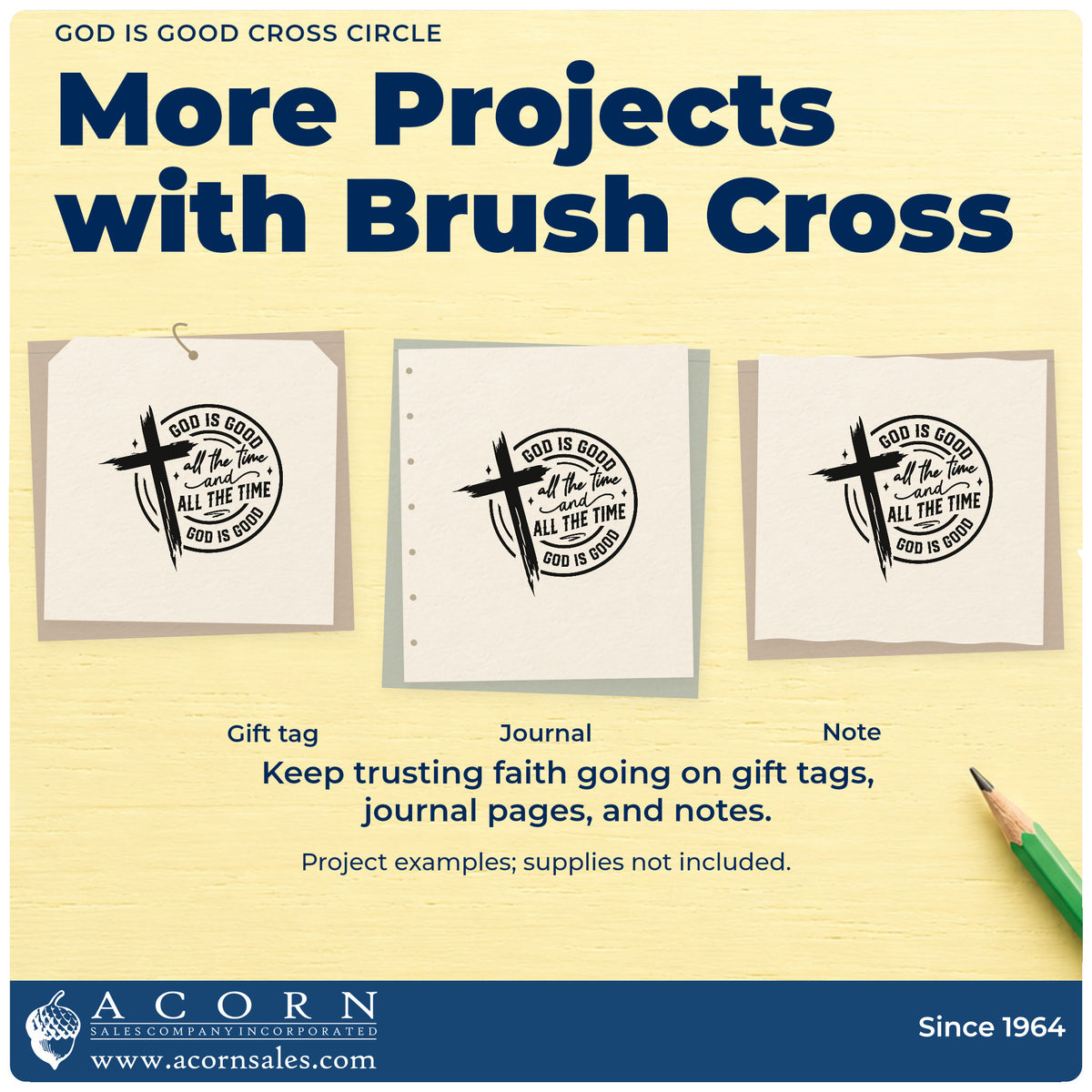 Three project examples made with the Self-Inking God Is Good Cross Circle Stamp, including praise pages.