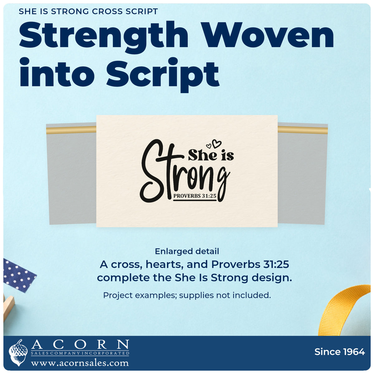 Enlarged detail of the Duo Hand She Is Strong Cross Script Rubber Stamp imprint. A cross forms part of large "Strong" script beside "She is," with hearts and Proverbs 31:25.