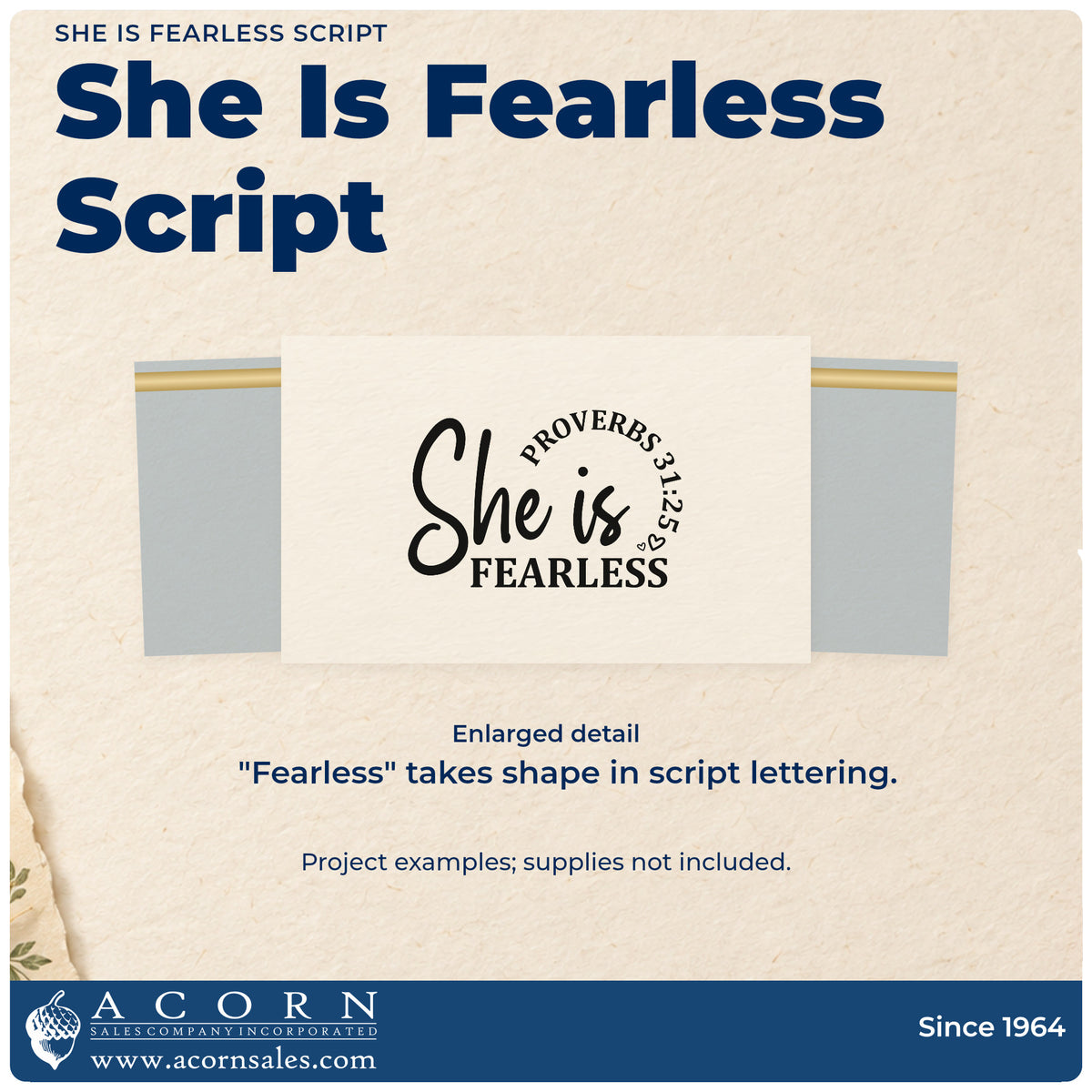 Enlarged detail of the She Is Fearless Script Lettering Stamp - Premium Vintage Pro Wooden imprint. Large "She is" script sits above "Fearless," with curved Proverbs 31:25 text and small hearts.