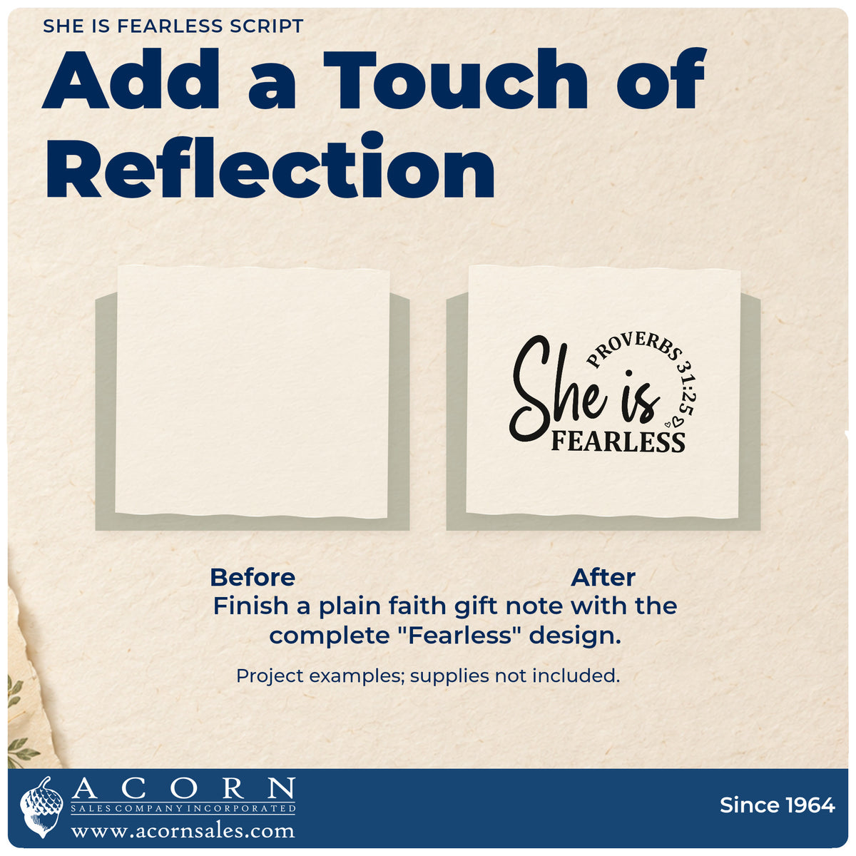 Before and after of a plain item finished with the She Is Fearless Script Lettering Stamp - Premium Vintage Pro Wooden, a quick upgrade for solo hike gifts.