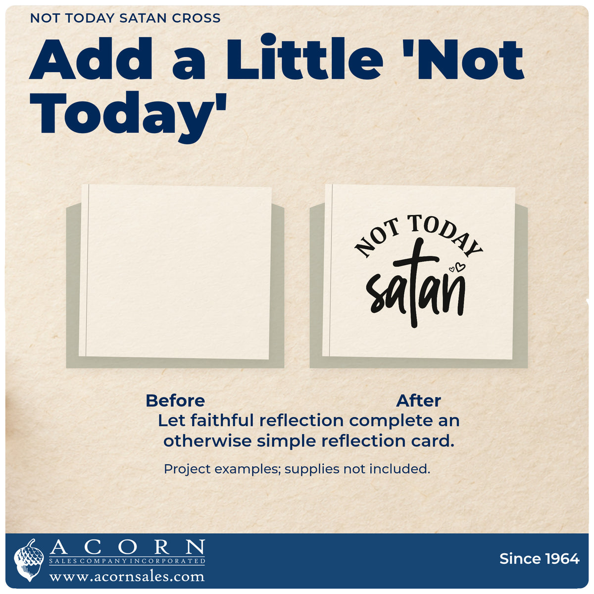 Before and after of a plain item finished with the Not Today Satan Cross Self-Inking Stamp, a quick upgrade for monday coffee tags.