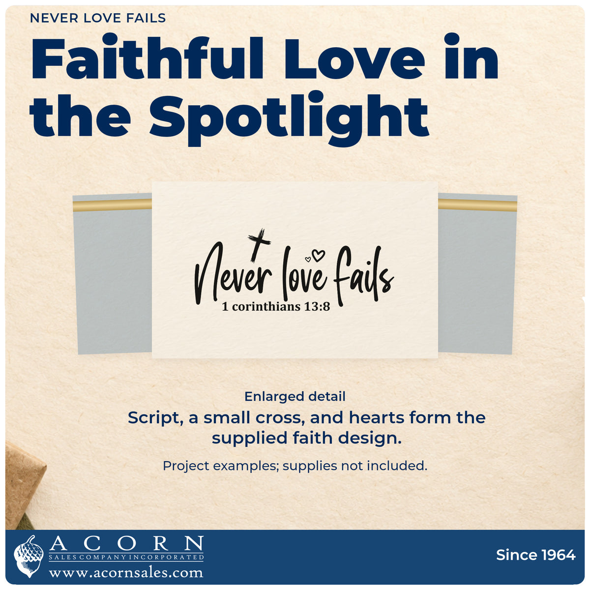 Enlarged detail of the Never Love Fails Scripture Lettering Self-Inking Stamp imprint. The visible script reads "Never love fails," with a small cross, hearts, and 1 Corinthians 13:8 below.