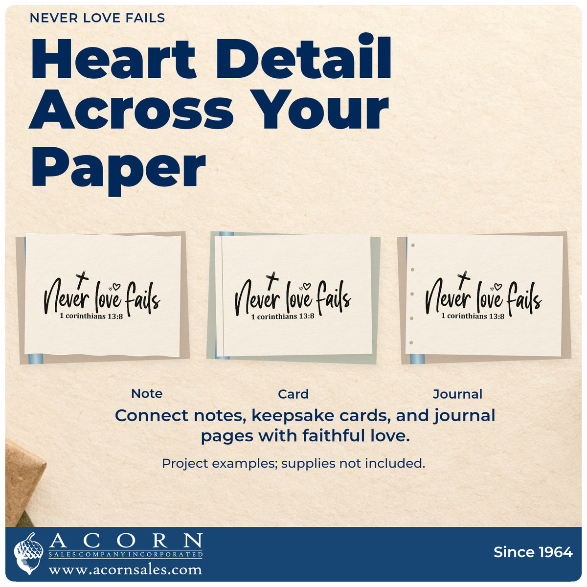 Three project examples made with the Never Love Fails Scripture Lettering Stamp – Wood Handle, including wedding album pages.