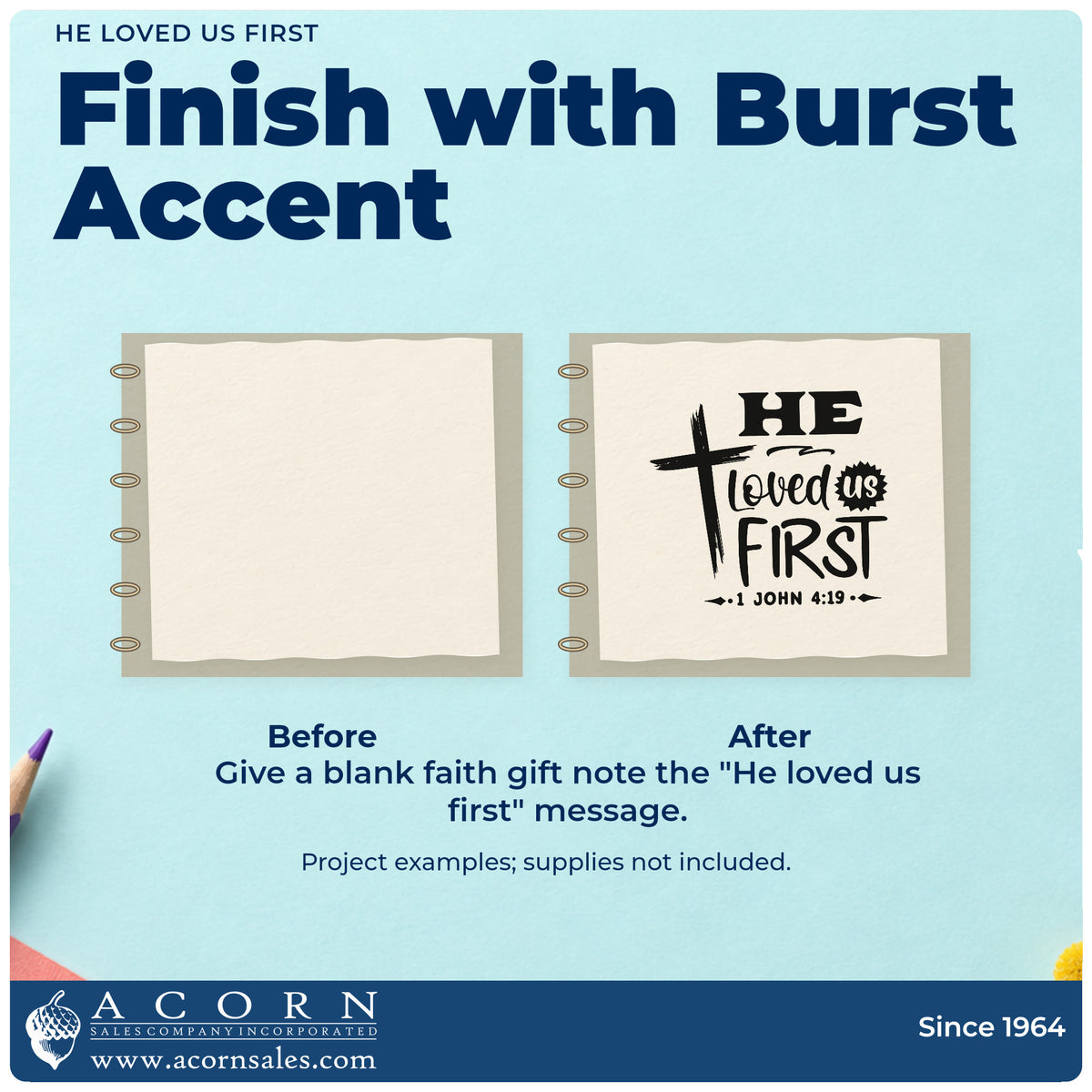 Before and after of a plain item finished with the He Loved Us First Brushstroke Cross Rubber Stamp – Duo Hand, a quick upgrade for newborn gifts.