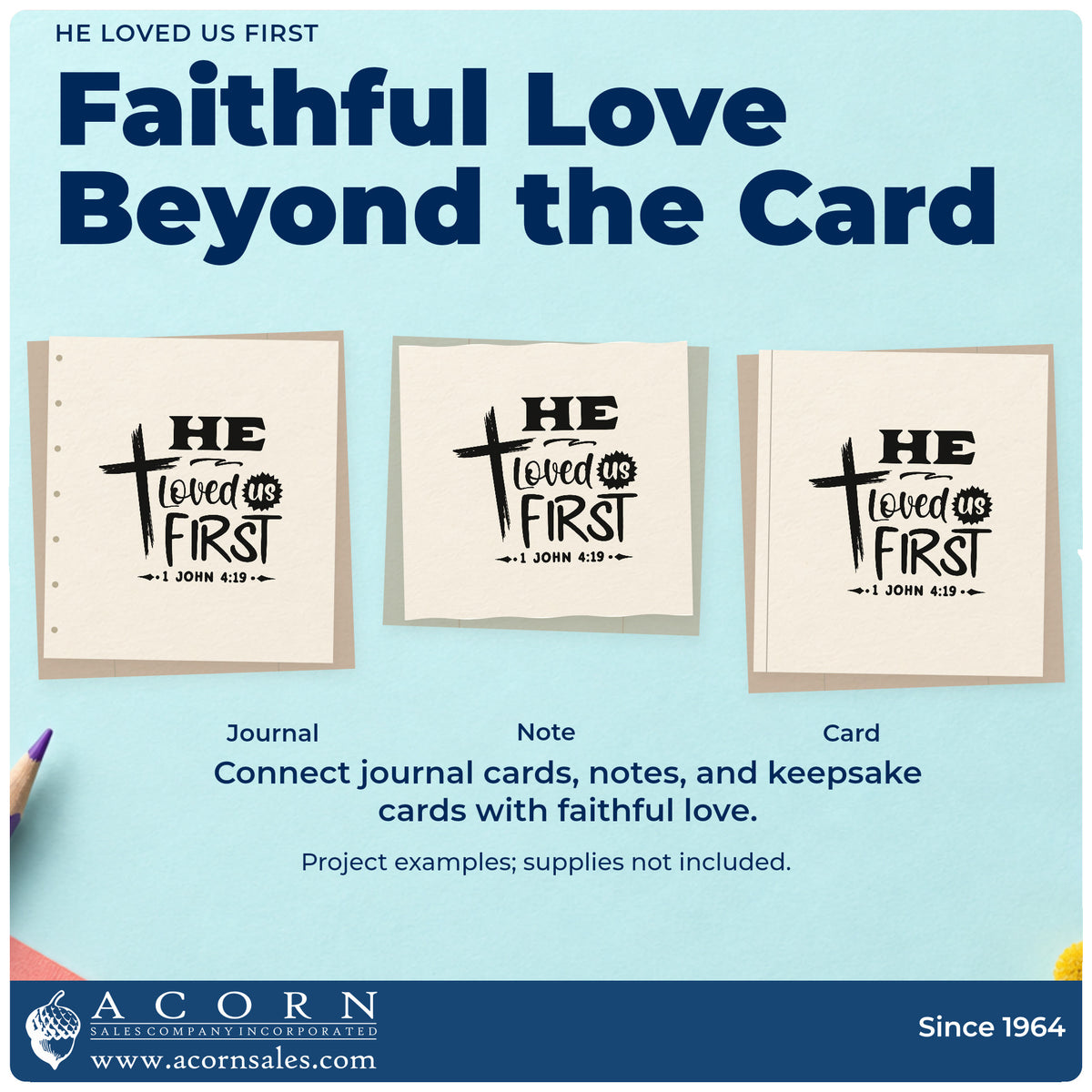 Three project examples made with the He Loved Us First Brushstroke Cross Rubber Stamp – Duo Hand, including family pages.
