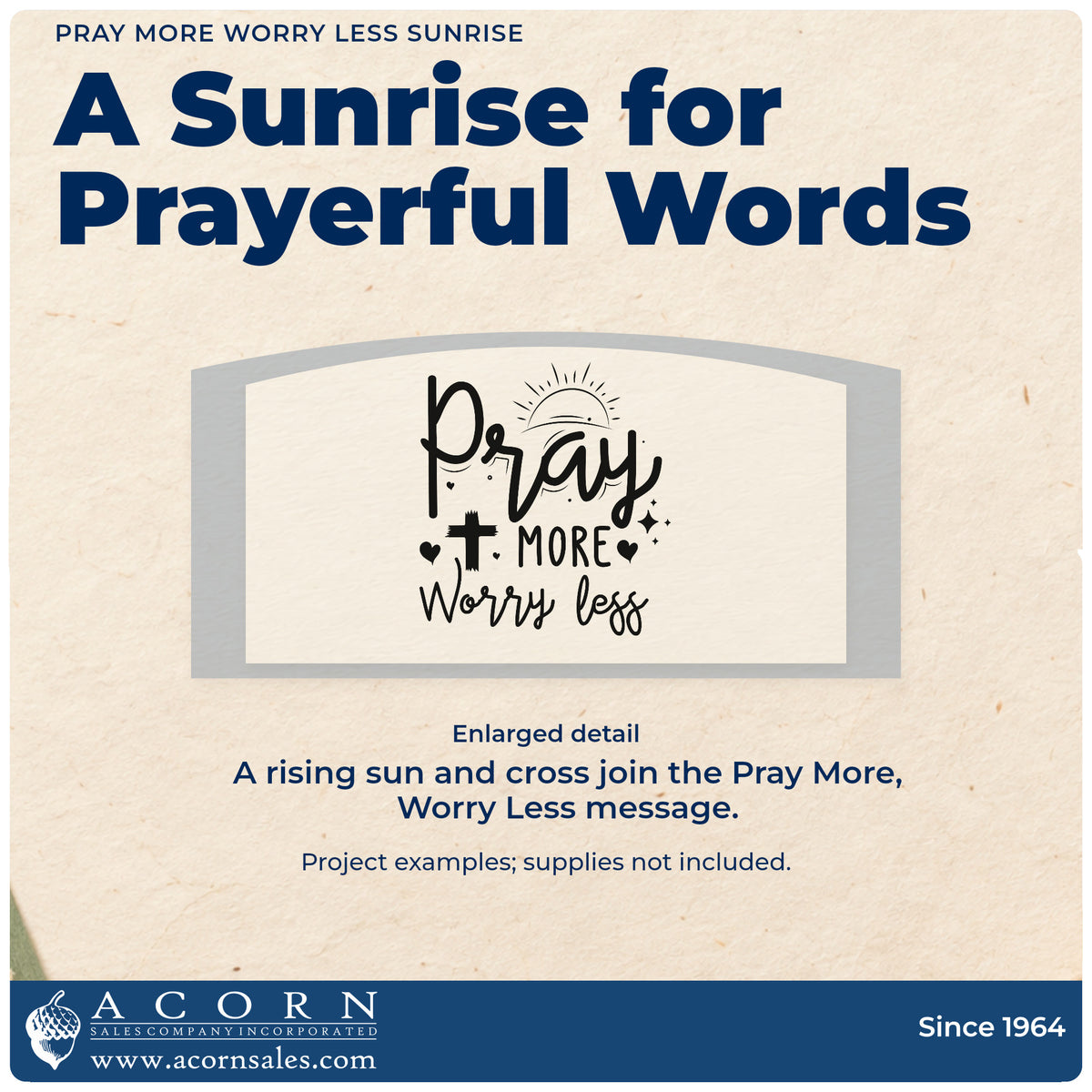 Enlarged detail of the Pray More Worry Less Sunrise Self-Inking Stamp imprint. A rising sun, cross, hearts, and sparkles accent "Pray more, worry less."
