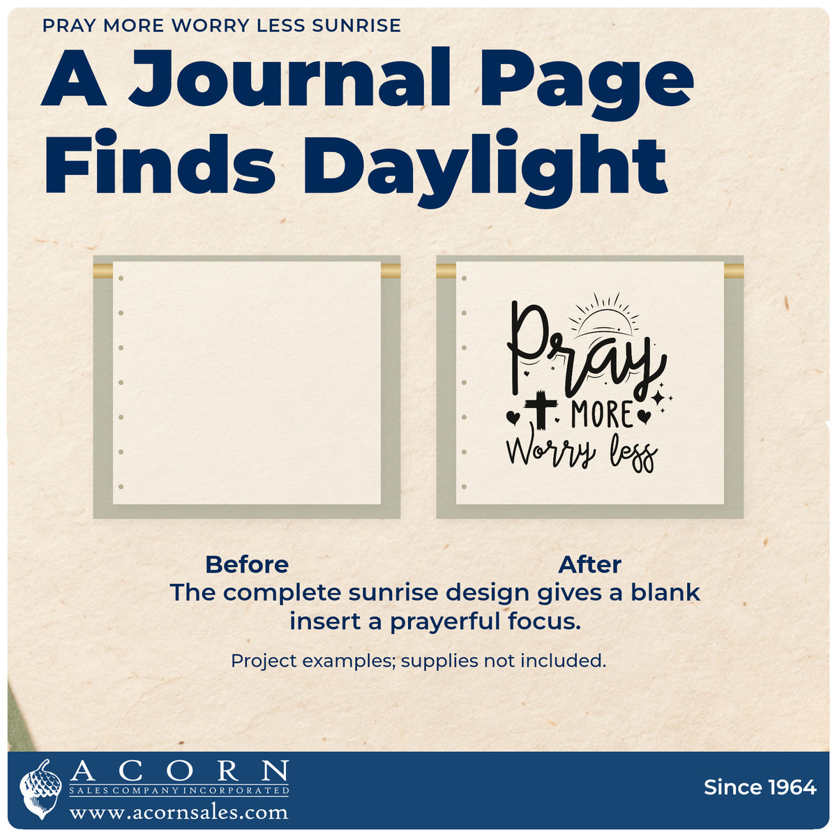 Before and after of a plain item finished with the Pray More Worry Less Sunrise Self-Inking Stamp, a quick upgrade for nurse station notes.