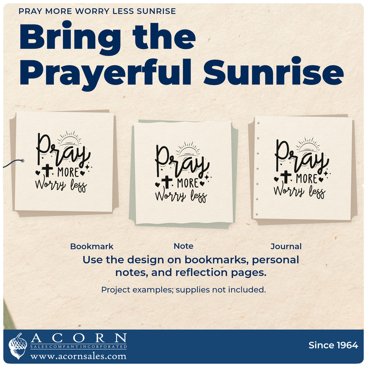 Three project examples made with the Pray More Worry Less Sunrise Self-Inking Stamp, including calm pages.