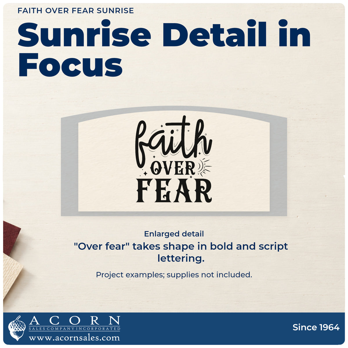 Enlarged detail of the Faith Over Fear Sunburst With Sparkles Premium Wooden Stamp - Vintage Pro imprint. Large "Faith" script sits above bold "Over fear," with a small sunburst and sparkle accents.